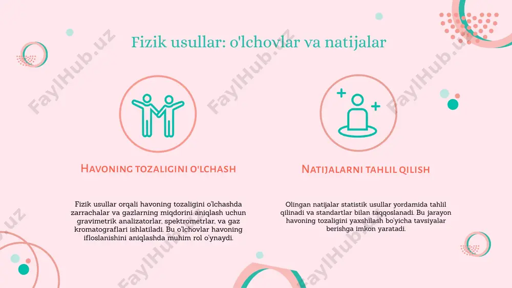 ar o'tkazish, laboratoriya sharoitida namuna tahlillari va statistik metodlardan foydalanish keng tarqalgan. ushbu usullar havoning tozaligini baholashda muhim rol o'ynaydi va natijalar to'plashda yordam beradi. innovatsion dasturiy ta'minot va algoritmlar. innovatsion dasturiy ta'minot va algoritmlar, havoni tozalash jarayonida ma'lumotlarni tahlil qilishda muhim ahamiyatga ega. ular ma'lumotlarni tez va samarali qayta ishlash, shuningdek, havoning sifatini prognoz qilish imkonini beradi. bunday texnologiyalar yordamida havoni tozalash samaradorligini oshirish va yangiliklarni amalga oshirish mumkin. havoni tozaligi monitoringi monitoring tizimlari va ularning afzalliklari. havoni tozaligi monitoringi tizimlari havoning sifatini doimiy ravishda nazorat qiladi. bu tizimlar, real vaqt rejimida ma'lumotlarni to'playdi va tahlil qiladi, bu esa muammolarni erta aniqlashga yordam beradi. real vaqtda monitoring imkoniyatlari. real vaqt monitoringi havodagi ifloslanish darajasini tezda aniqlash imkonini beradi. bu, atrof-muhitning o'zgarishini tezda kuzatish uchun muhimdir. innovatsion yechimlar va ularning samaradorligi. innovatsion texnologiyalar, masalan, iot (internet of things), havoni monitoring qilishda samaradorlikni oshiradi. bu yechimlar ma'lumotlarni avtomatik yig'ish va tahlil …