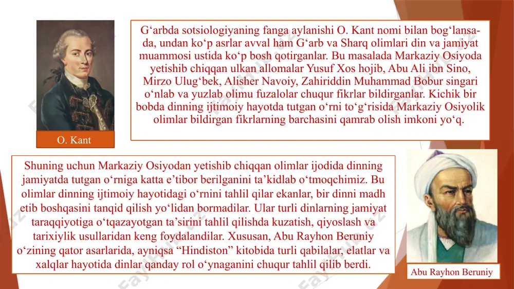 a amalga oshiriladi. ayni chog‘da shuni e’tiborda saqlash kerakki, har qanday uyg‘unlashuv o‘lchovsiz, chegarasiz bo‘lmasligi, har bir harakatda mezon hissi va aqliy hushyorlik bo‘lishi xalqimiz fe’l-atvoriga xos an’anaviy belgidir. jamoada o‘zlikni anglash, ammo unda gegemonlik xuquqini talab etmaslik, maqsadga intilishda kamtar va kamsuqumlik daholarimiz ilgari surgan muqaddas shiorlardan edi.hazrat bahovuddin naqshbandiy uqtirgan “xilvat dar anjuman (anjumanda xilvat yoxud jamoada o‘zlikda qolish), safar dar vatan (vatanda safar, yohud o‘z o‘lkangda mutloq emasliging, bu fano zamonda mehmonligingni doimo his etishing ) va zohirda xalq bilan, ammo botinda haq bilan bo‘lish” xususidagi o‘gitlari fikrimizning isbotidir. adabiyotlar: 1. aliqoriyev n.s. va boshqalar. umumiy sosiologiya. mualliflar jamoasi. - bishkek.: 1999. 2. bekmurodov m.b.sotsiologiya asoslari. - t.: fan, 1994. 3. burganova l.a. institusionnalizasiya sosiologii v ssha. sosis, m. nauka, e’tiboringiz uchun raxmat ! image1.jpeg image2.jpeg image3.jpeg image4.jpeg image5.jpeg image6.jpeg image7.jpeg image8.png image9.jpeg image10.jpeg