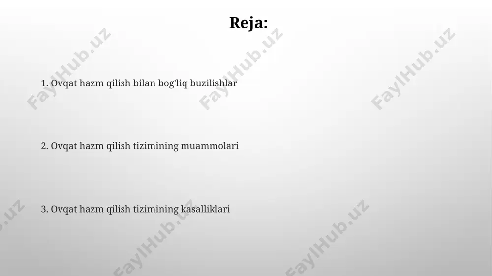 2-3 baravar. pankreatit pankreatitning o'tkir shakli holatlarda bemorlarning 20-30%ida o'limga olib keladigan og'ir asoratlar, masalan, sepsis va ko'p organ yetishmovchiligiga olib kelishi mumkin. pankreatit diagnostikasi uchun amilaza va lipaza kabi qon fermentlari darajasini tekshirish, shuningdek, kompyuter tomografiyasi (kt) yoki magnit-rezonans tomografiyasi (mrt) kabi tasvirlash usullaridan foydalaniladi. apandisit appenditsit diagnostikasi uchun qon tahlillari (leykotsitoz), qorin bo'shlig'ining ultratovush tekshiruvi va kompyuter tomografiyasi kabi turli diagnostik usullar qo'llaniladi. appenditsitning asosiy sababi – appendiksning lümenini to'sib qo'yadigan, taxminan 6 mm diametrdagi, qattiq najas yoki limfa to'qimalarining shishishi hisoblanadi. gepatit gepatit a va e viruslari, asosan, ifloslangan oziq-ovqat va suv orqali yuqadi va 15-50 kunlik inkubatsion davrga ega bo'lib, o'tkir gepatitga olib keladi. surunkali gepatit b va c infektsiyalari jigar sirrozi va jigar hujayrasi karsinomasiga (jigar saratoni) olib kelishi mumkin, bu esa yillik o'lim holatlarining 1 millionidan ortig'iga sabab bo'ladi. irritable ichak sindromi irritable ichak sindromi (iis) bilan og'rigan bemorlarning taxminan 70%ida diareya, qorin og'rig'i …