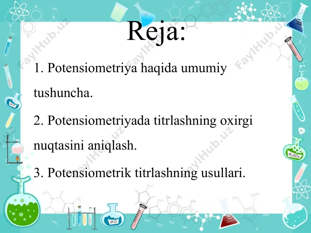 teriali va sirt yuzasi; - harorat. potensiometriyada titrlashning oxirgi nuqtasini topish uchun hisoblash va chizma usullaridan foydalaniladi. 1. hisoblash usullarida titrlanadigan modda eritmasiga titrantning eritmasidan teng ( 1 ml dan) miqdorda qo‘shib, har bir qo'shilgan hajm, unga to'g'ri keladigan potensialning qiymati va bir-biriga yaqin har ikkala nuqta orasidagi potensiallar farqi ham qayd qilinadi. e - eng katta soha ekvivalentlik nuqta joylashgan soha hisoblanadi. 2. chizma usullari. titrlashning oxirgi nuqtasini aniqlashning chizma usullari integral (to'liq), differensial (farqli), ikkinchi tartibli hosila va boshqa usullarga bo'linadi. a) integral usuli da eyk ning titrant hajmi (v) ga bog'- liqlik chizmasi chiziladi. bu chizma asosida ekvivalent nuqta va titrlashning oxirgi nuqtasini topish uchun urinmalar o'tkaziladi. o'tkazilgan urinmalar kesish nuqtalarining abssissalar o'qiga perpendikular bo'lgan balandligi topiladi. bu balandlik teng ikki qismga bo'linadi va kesishgan nuqtadan titrlash egri chizig'i bilan kesishguncha ordinatalar o'qiga parallel o'tkaziladi. shu paralleling titrlash egri chizig'i bilan kesishish nuqtasidan esa abssissalar o'qiga perpendikular …