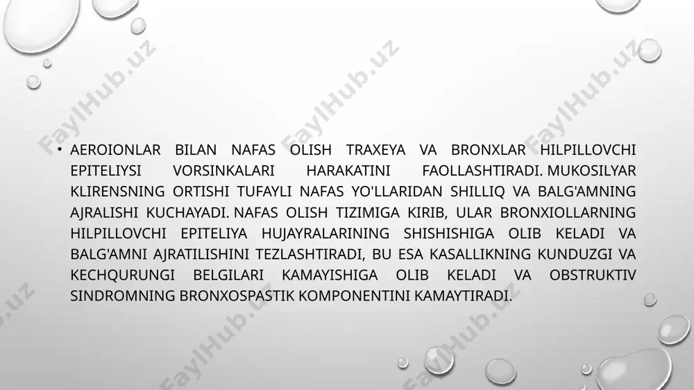 ogik guruhlarga mansub moddalar qo'llaniladi. nafas yo’llariga dori-vositasini aerozol shaklida kiritishning bir necha usullari mavjud: nebulayzerlar niqoblar dozalangan aerozol ingalyator (dai) quruq kukunsimon dori ingalyatorlari dozalangan suyuq ingalyatorlar ingalyatsion terapiyaning asosiy tizimi hajmi nebulayzer (ingliz tilidan nebulizer-changlatgich) hisoblanadi. uning hajmi 5-7 ml gacha bo'ladi. aerozol ishlab chiqarish usuli bo'yicha uchta asosiy ingalyator turlari mavjud: ultratovushli, kompressor (oqimli) va elektron-to’rli (vibrating mesh technology; ingliz tilidan mesh-uyacha). kompressor ingalyatorlarga quyidagilar: inko-med teco, voyaj, pari, de vilbiss, medplus, microlife, pulmoaide, omron, medel-pro, nebulfaem super, flaem-nuova boreal, ultraneb-2000; ultratovushliga: "ingport", citizen cun60u1; elektron to’rliga : pari eflow tez, omron microair u-22, wn-114 va boshqalardan foydalaniladi. kompressor ingalyatorlar ultratovushli ingalyatorlar elektron to’rli ingalyatorlar texnika nafas ingalyatsiyasi muolajasi vaqtida bemor tinch o'tirgan yoki yotgan holatda bo’lishi kerak. ingalyatsiya maxsus jihozlangan xonalarda (ingalatoriya) ovqatdan 1,5 soatdan keyin amalga oshiriladi. samarali davolanish uchun to'g'ri nafas olish texnikasi (nafas olish manevrasi) juda muhim: obstruktiv kasalliklarda bemor sekin, chuqur nafas …