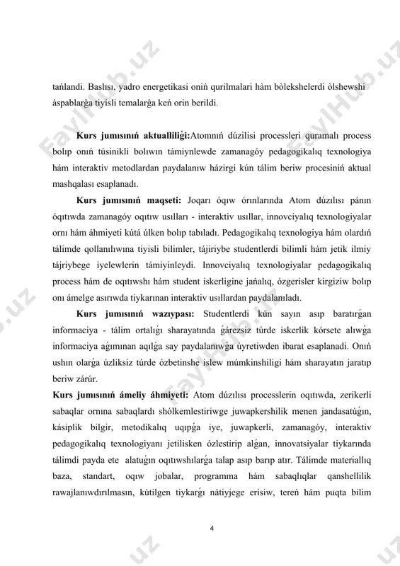 esapladi. anaksagordiń aytiwinsha, hàmme nàrsede, hàmme nàrseniń úlesi bar, qaysi nàrseniń úlesi kòp bòlsa, har bir òz aldina nàrse sol nàrsege kòbirek uqsaydi. tàbiyattaĝi hàr qanday òzgeriw bar hàm turaqli bolĝan zat tuqimlari qatnaslariniń òzgeriwi nàtiyjesı bolip esaplanadi. atomistliq materializm tiykarin saliwshilardan biri bolĝan qàdimiy grek filosoflari levkipp(eramizĝa shekem v ásir) hàm demokritler (eramizĝa shekem 460-370-j.j.) atom teoriyasin alĝa ilgerletti. bul teoriyaĝa sàykes, hàr bir zat bòlinbeytuĝin mayda bòlekshelerden, yaĝniy atomlardan turadi. olardiń pikrinshe, atomlar putin bolip, olarda bosliq joq. olar sheksiz fazada bir-birinen bòlek ajiralĝan bolip, sirtqi formasi, òlshemi, hali, tàrtibi menen parq qiladi. atomlar màlim waqtlarda turaqli birikpelerge birlesip túrli zatlardi payda qiladi. demokrittiń atomistliq qaraslari epikur (eramizĝa shekem 341-270-jj.) tárepinnen rawajlandirildi. oniń pikırinshe, atomlar bir-birinen massalari menen hàm parıq qıladı, atomlardiń bòlimleri bar. epikur tabiyatta hàr qiyli formadaĝi atomlar sani sheksiz, formalar sani ese shekli dep túsindiriledi. áyyemgi grek atomistleri túsinikleriniń kúshsiz tárepleri aristotel (eramizĝa shekem 384-322-jj) …