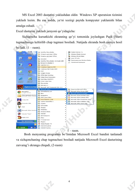 ish mumkin., buning uchun shu sohalardagi ustki yoki pastki, chap yoki ung tomondagi strelkalarni bosish kerak yoki shu sohalarda joylashgan turtburchak kursatkichni kuzgaltirish kerak. excel elektron jadvali 65536 qator (row) va 256 ustun (column)dan iborat. qatorlar 1dan 65536 gacha bo’lgan butun sonlar bilan tartiblangan, ustunlar esa lotin alifbosining bosh xarflari (a, b, .... z, aa, ab, .... iv) bilan belgilangan. qator va ustun kesishmasida elektron jadvalning asosiy tarkibiy elementi – katak (yacheyka) (cell) joylashgan. har bir katak (yacheyka)ga son, matn yoki formula tarzidagi ma‘lumotlar kiritiladi. ustun kengligini va qator balandligini o’zgartirish ham mumkin. jadvalning tanlangan katagiga o’tish uchun aniq manzil (adres) ko’rsatilishi kerak. u qator va ustun kesishmasida, masalan a1, b4, f9, ab3 kabi ko’rsatiladi. 3. microsoft excelda formula va funktsiyalar bilan ishlash. excel ej kataqlaridagi ma‘lumotlar - matnlar, sonlar va formulalar bilan tuldiriladi. ba‘zan katakdagi qiymatlar ustida ayrim hisoblashlarni bajarish zaruriyati tugiladi, bunday hollarda formulalardan foydalaniladi. umuman ixtiyoriy yacheykadagi …