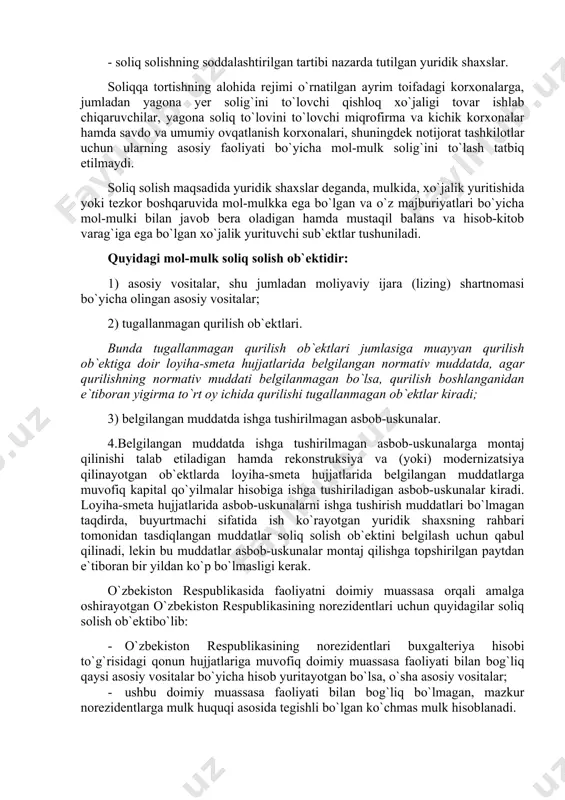 blikasi norezidentining faoliyati soliq kodeksning 20-moddasiga muvofiq o`zbekiston respublikasidagi doimiy muassasa orqali amalga oshiriladigan faoliyat deb e`tirof etiladi. quyidagilar yuridik shaxslarning mol-mulkiga solinadigan soliqni to`lovchilar bo`lmaydi: -notijorat tashkilotlar. notijorat tashkilotlar tadbirkorlik faoliyatini amalga oshirgan taqdirda, yuridik shaxslarning mol-mulkiga solinadigan soliqni to`lovchilar hisoblanadi; - soliq solishning soddalashtirilgan tartibi nazarda tutilgan yuridik shaxslar. soliqqa tortishning alohida rejimi o`rnatilgan ayrim toifadagi korxonalarga, jumladan yagona yer solig`ini to`lovchi qishloq xo`jaligi tovar ishlab chiqaruvchilar, yagona soliq to`lovini to`lovchi miqrofirma va kichik korxonalar hamda savdo va umumiy ovqatlanish korxonalari, shuningdek notijorat tashkilotlar uchun ularning asosiy faoliyati bo`yicha mol-mulk solig`ini to`lash tatbiq etilmaydi. soliq solish maqsadida yuridik shaxslar deganda, mulkida, xo`jalik yuritishida yoki tezkor boshqaruvida mol-mulkka ega bo`lgan va o`z majburiyatlari bo`yicha mol-mulki bilan javob bera oladigan hamda mustaqil balans va hisob-kitob varag`iga ega bo`lgan xo`jalik yurituvchi sub`ektlar tushuniladi. quyidagi mol-mulk soliq solish ob`ektidir: 1) asosiy vositalar, shu jumladan moliyaviy ijara (lizing) shartnomasi bo`yicha olingan asosiy vositalar; …