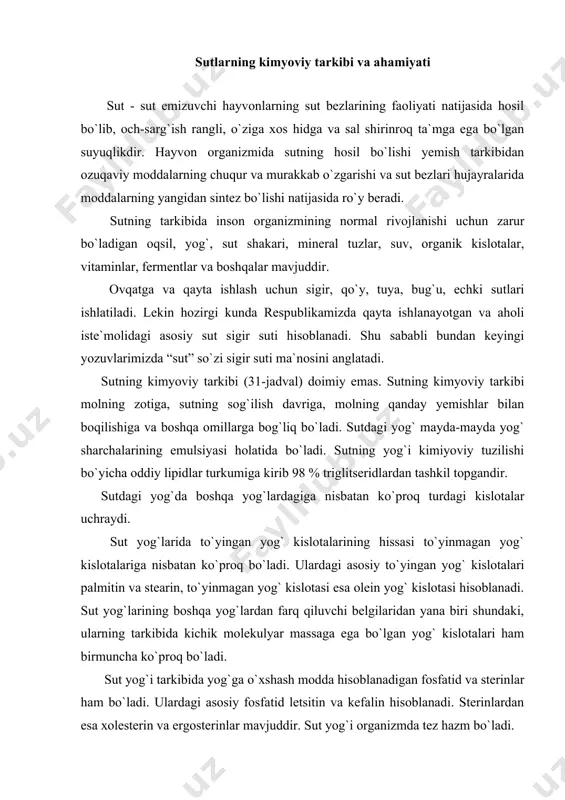 yog` kislotalari ham birmuncha ko`proq bo`ladi. sut yog`i tarkibida yog`ga o`xshash modda hisoblanadigan fosfatid va sterinlar ham bo`ladi. ulardagi asosiy fosfatid letsitin va kefalin hisoblanadi. sterinlardan esa xolesterin va ergosterinlar mavjuddir. sut yog`i organizmda tez hazm bo`ladi. sut oqsili to`liq qiymatga ega bo`lgan qimmatli oqsillardan hisoblanadi. sutdagi oqsil asosan kazein (2,7 %), albumin (0,4 %) va globulinlardan (0,2 %) tashkil topgandir. 1-jadval sigir sutining kimyoviy tarkibi tarkibiy qismlari o`rtacha miqdori, % chetlanishla r, % suv 87,0 83-89 quruq modda 13,0 11-17 shundan: sut yog`i sut shakari 4,7 4,0-5,6 azotli moddalar: kazein albumin 0,4 0,2-0,6 globulin va boshqa oqsillar oqsil bo`lmagan moddalar 0,05 0,02-0,08 kul 0,7 0,60-0,85 vitaminlar (mg%): retinol (a) ergokalsiferol (d) 0,00005 - tokoferol (f) 0,15 0,05-0,25 tiamin (v1) 0,05 0,03-0,06 riboflavin (v2) 0,15 0,06-0,20 bo`yoq moddalari 0,02 0,01-0,05 sut oqsillarining tarkibida o`rin almashtirmaydigan hamma aminokislotalar borligi uchun ham to`liq qiymatli oqsillarga kirib, inson hayotida muhim rol o`ynaydi. sut …