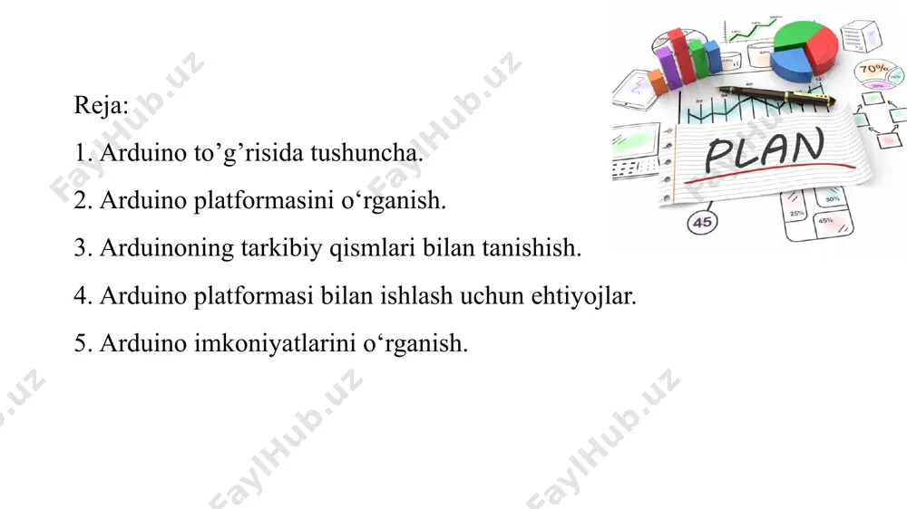 elektronika asoslaridan uzoq bo‘lgan kattalarga ham, maktab o‘quvchilariga ham uni o‘zlashtirishga imkon beradi. dasturlash qobig‘ining kirish chegarasi ancha past. dasturlash juda sodda va intuitiv. 1-rasm. arduino mega platformasi. 2-rasm. arduino uno platformasi. 3-rasm. arduino nano platformasi. arduino bilan nima yaratishingiz mumkin? millionlab mumkin bo‘lgan dastur elementlarining kombinatsiyasi faqat inson tasavvuri bilan cheklangan. qurilma ulanadigan va dastur yoziladigan sensorlar yordamida atrofdagi dunyo haqidagi ma'lumotlarni qabul qilish va qayta ishlashga qodir. siz tizimni ma'lum bir o‘zgarishlarga tezda javob berishni, yorug‘likni boshqarishni, harakatlanuvchi elementlarni, motorlarni va har xil drayverlarni boshqarishingiz mumkin. tizim uy va sanoatda foydalanish uchun javob beradi. arduino platformasi bilan ishlash uchun ehtiyojlar. arduino mikrokontrolleri. ularning bir nechta turlari mavjud, biz har biri haqida alohida gaplashamiz, ammo asoslar arduino uno-ga asoslangan. u bizga kerak bo'lgan narsadir. 4-rasm. biz ishlatadigan arduino uno platformasi. xuddi shu temir qismini kompyuterga ulash uchun kabel. 5-rasm. arduino uno platformasini kompyuterga ulash ucun ishlatiladigan kabellar. breadboard yoki, …