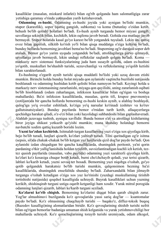 ekishi bu jihatdan alohida e'tiborga sazovordir, chunki bu surunkali yurak-tomir kasalliklari, jigar, o'pka va nerv sistemasi kasalliklari avj olishiga yo'l ochadi. bemorning jinsiy turmush kechirish-kechirmasligi va bu turmushning nechog'li muntazamligini aniqlab olish kerak, chunki jinsiy hayotning nobopligi va oiladagi sharoitning yomon bo'lishi ruhiy holatga ta'sir qilishi mumkin. ayollarda hayzning qachon boshlanganligi va uning nechog'li muntazam kelib turishini, ayolning bo'yida bo'lgan-bo'lmagani va homiladorligi qanday natija bilan tugagani (normal tug'ruqlar, sun'iy abort yoki bola tashlash bilan, bolaning o'lik tug'ilishi bilan tugaganligi)ni bilib olish kerak. klimaks davri (hayz to'xtaydigan davr) qachon boshlangani va uning qanday o'tib borayotganini bilib olish zarur (teri tomirlari keskin kengayib, odam o'zini qizib ketgandek sezishi, yuragining urib ketishi, serzarda, ko'p terlaydigan bo'lib qolgani va h.k.). so'rab-surishtirishning oxirida yaqin kishilari, imkoni bo'lsa uzoq qarindoshlarining ham salomatligi va qancha umr ko'rganligi singari faktlar bilib olinadi. qarindosh-urug'lar ichida ichkilikbozlar, rak, yurak kasalliklari, zaxm, o'pka sili, ruhiy kasalliklar va moddalar almashinuvi buzilishiga aloqador …