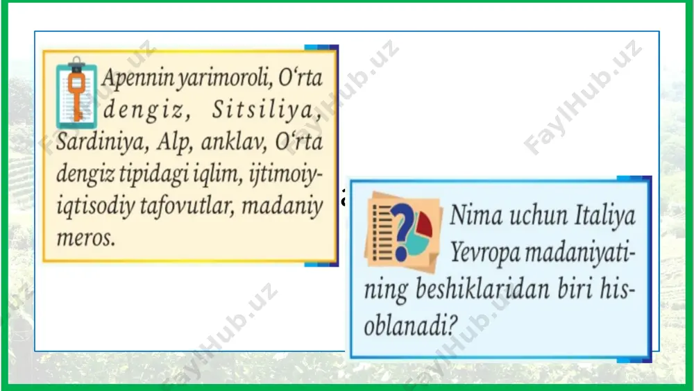 ik jihatdan faol hududlardan biri. xxi asrning o‘zida 4 ta kuchli zilzila ro‘y bergan. mamlakatda bir nechta harakatdagi vulqon, jumladan, etna (yevropadagi eng baland harakatdagi vulqon), vezuviy va stromboli (30-rasm) mavjud. etna vezuviy stromboli italiyada turli foydali qazilmalar (neft, tabiiy gaz, ko‘mir, marganes, kaliy va osh tuzi)ning konlari bor, ammo aksariyat mineral resurslarni qazib olish hajmi katta emas va mamlakat iqtisodiyotining ehtiyojlarini qondira olmaydi. italiyada asosan o‘rta dengiz tipidagi subtropik iqlim hukmronlik qiladi. yozi issiq, qishi esa iliq va yumshoq, yog‘ingarchilik ko‘proq qish oylariga to‘g‘ri keladi. yoz fasli o‘rta dengiz tipidagi subtropik iqlim qish fasli alp tog‘lari italiya hududini sovuq havo massalari kirib kelishidan saqlaydi hamda dengizdan esadigan shamollar yo‘lini to‘sib, yog‘inlar tushishini kuchaytiradi. aholisi. italiya yevropaning aholisi eng ko‘p beshta davlatlaridan biri. 2020-yil ma’lumotlariga ko‘ra, italiyada 60 mln kishidan ortiq aholi istiqomat qiladi. aholining tabiiy ko‘payishi manfiy bo‘lib, yillik hisobda –0,4% ga teng. aholi tarkibida xorijiy migrantlarning ulushi o‘sib …