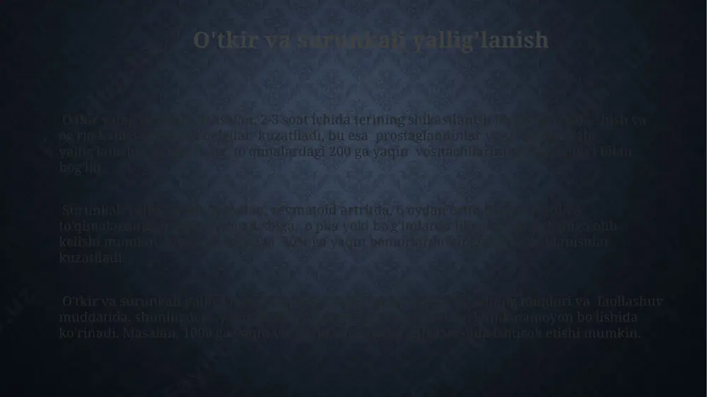 o'tkir yallig'lanishni davolash uchun, masalan, terining kuyishi yoki jarrohlik amaliyotidan keyin, 10 kun davomida kuchli analjeziklar va 500 mg paracetamol buyurilishi mumkin. yallig'lanishni davolashda 150 mg dozali ibuprofen preparatlari, masalan, ibrofen, o'zbekiston farmatsevtika bozorida keng tarqalgan va samarali hisoblanadi. yallig'lanishga qarshi steroid bo'lmagan dorilar (yqsd), jumladan, 200 mg dozali diklofenak, ko'plab mamlakatlar, shu jumladan rossiya va qozog'iston farmatsiyalarida mavjud. yallig'lanishning klinik belgilari yallig'lanishning klinik belgilariga 5-7 kun davom etadigan qizil rang o'zgarishi, shish va 38°c dan yuqori harorat ko'tarilishi, masalan, qo'lning yallig'lanishida kuzatiladi. o'tkir yallig'lanish jarayonida og'riq hissi, funksiya buzilishi va 1-2 sm gacha shishning paydo bo'lishi, samarqand viloyati shifoxonalarida tez-tez uchraydigan hodisadir. surunkali yallig'lanishda, masalan, artritda, 6 oy va undan ko'p davom etadigan og'riq, harakatlanish chegaralanishi va 37°c atrofida subfebril harorat kuzatiladi. e'tiboringiz uchun rahmat @taqdimot_robot
