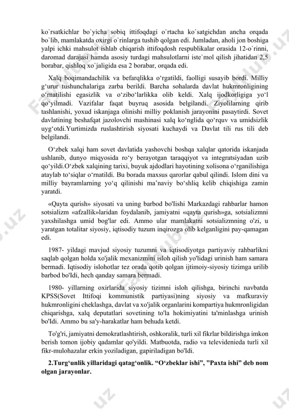 nerallarning atrof- muhitni zaharlashi oqibatida dengiz havzasi qishloq aholisining 87 foizi yuqumli kasalliklarga chalinganligi, hamda bolalar o`lim darajasi baland ekanligi aniqlangan. jumlada , o`zbekistonda 1985-yilda har 1000 nafar chaqaloqdan 46,2 foizi o`lgan. bu ko`rsatgich qoraqalpog`iston respublikasida 62,5, surxondaryo viloyatida 55,2, xorazm viloyatida 50,4 foizni tashkil qildi. ammo o`zbekistondagi og`ir ekologik vaziyat, orol dengizi hududi aholisining salomatlik darajasini pasayib borayotganligi, mazkaziy siyosiy rahbariyatni tashvishga solmadi. o`tgan asrning 80-yillariga kelib faqat xom-ashyo yetkazib berishga asoslangan, qoloq va mo`rt iqtisodiyotga ega bo`lgan o`zbekiston asosiy iqtisodiy va ijtimoiy ko`rsatkichlar bo`yicha sobiq ittifoqdagi o`rtacha ko`satgichdan ancha orqada bo`lib, mamlakatda oxirgi o`rinlarga tushib qolgan edi. jumladan, aholi jon boshiga yalpi ichki mahsulot ishlab chiqarish ittifoqdosh respublikalar orasida 12-o`rinni, daromad darajasi hamda asosiy turdagi mahsulotlarni iste`mol qilish jihatidan 2,5 borabar, qishloq xo`jaligida esa 2 borabar, orqada edi. xalq boqimandachilik va befarqlikka o‘rgatildi, faolligi susayib bordi. milliy g‘urur tushunchalariga zarba berildi. barcha sohalarda davlat hukmronligining o‘rnatilishi egasizlik va …