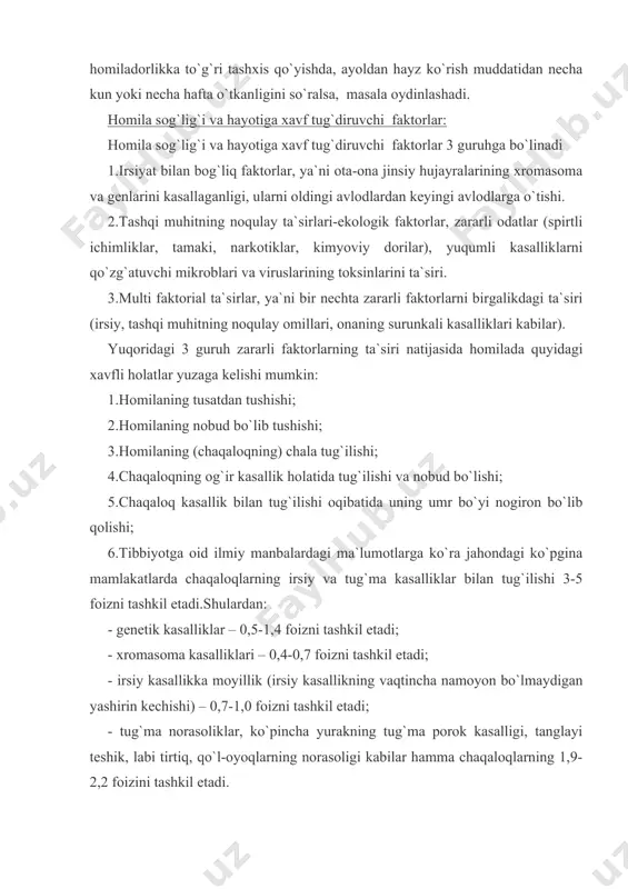 yon bo`lmaydigan yashirin kechishi) – 0,7-1,0 foizni tashkil etadi; - tug`ma norasoliklar, ko`pincha yurakning tug`ma porok kasalligi, tanglayi teshik, labi tirtiq, qo`l-oyoqlarning norasoligi kabilar hamma chaqaloqlarning 1,9-2,2 foizini tashkil etadi. 7.irsiy kasalliklar va tug`ma norasoliklar bilan tug`ilgan chaqaloqlarning har 100 tasidan o`ntasi bir yoshga yetmay nobud bo`ladi.qolganlarining ma`lum qismi bolalikning turli davrlarida nobud bo`ladi, qolgan ma`lum qismi aqliy-jismoniy nogironlikda umr kechiradi. ularni ko`p yillar davomida davolash, parvarish qilish, ijtimoiy ta`minlash davlat, jamiyat, ota-ona uchun katta mablag` sarflash bilan bog`liq. eng asosiysi esa ota-ona va qavm-qarindoshlarining yillar davomidagi psixologik aziyat chekishidir. shu sabab bilan hatto oilalar ajralib ketadilar. shu bois, har bir yigit-qiz, bo`lg`usi kelin-kuyov, nikohdan avval bir-birining avlodida irsiy kasallik bor-yo`qligini aniqlab, so`ngra turmush qurishi lozim. bundan tashqari, yigit va qiz tibbiy nazoratdan o`tishi va qandaydir surunkali kasalligi bo`lsa, o`zini sog`lomlashtirishi lozim. farzand ko`rishni rejalashtirgan er-xotin, shu davrda o`zini parvarish qilishi, zararli odatlardan voz kechishi, turli xil kimyoviy dorilarni qabul …