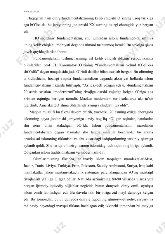 liviya, turkiya, eron, pokiston, saudiy arabistoni, suriya, iroq kabi mamlakatlar jahon mustam-lakachilik sistemasi parchalangandan so`ng mustaqil rivojlanish yo`liga o`tgan edilar. natijada asrimizning 80-90 yillarida ularda yuz bergan ijtimoiy-iqtisodiy siljishlar negizida butun dunyoda diniy omil, ayniqsa islom omili faollashgan edi. bu davrda ikki bir-biriga zid mayl dunyoga kelgan edi. bir tomondan, butun dunyoda diniy e`tiqodning ijtimoiy-iqtisodiy, siyosiy va ma`naviy hayotdagi mavqei tiklana boshlagan edi; ikkinchi tomondan bu maylga qarshi mafkuralarga moyillik shakllangan edi: bu ikki mayl orasida ziddiyatlar yuzaga kelgan edi. mazkur ijtimoiy-iqtisodiy, siyosiy va ma`naviy ziddiyatlar asosida “islom omili”, “islom uyg`onishi”, “islom fenomeni”, islom fundamentalizmi degan atamalar, “islomlashtirish”, “siyosiylashti-rilgan islom” kabi tushunchalar va ular bayrog`i ostida turli oqimlar paydo bo`ldi. bular qatoriga “musulmon birodarlari”, “xizbullox”, “vahobiylik” “hezbi islomiya” kabi o`nlab tashkilot, partiya, uyushmalar kirardi. bular ekstremistik, terroristik xususiyat kasb etgan edi. vahhobiylar fundamentalizmda, binobarin, aqidaparastlikda ibn hanbal ta`limotidan ham so`llashib, maqsad va ta`limotlari o`tmagan hududlarda kuch, hatto qilich ishlatishga jahdu-jadal …