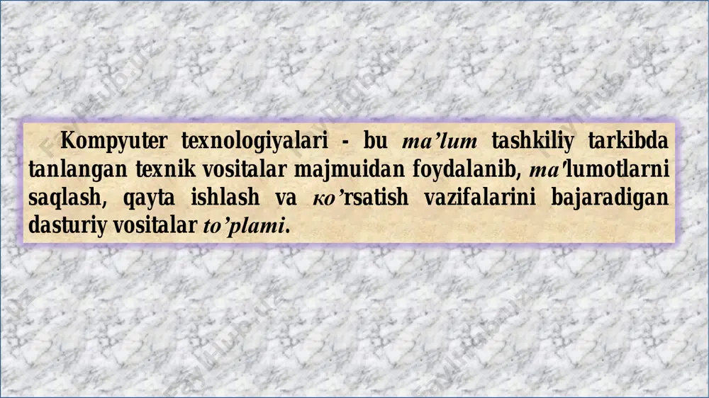 dagi tasvir doimo qandaydir xatolikka ega bo’ladi (masalan, tasvir tushirilgan asosning deformatsiyasi natijasida). ayrim vaziyatlarda ularni to’la, boshqa vaziyatlarda qisman tugatish mumkin. ushbu maqsadda maxsus tuzatish ishlari olib boriladi. ular quyidagi imkoniyatlami beradi: - kartadagi tasvirni koordinata to’ri va trapetsiya burchaklari koordinatalari bo’yicha nazariy trapetsiyaga keltirish; - tuzatish natijalari aniqligini baholash; - turli xil usullar yordamida tayanch nuqtalari koordinatalarining aniq qiymatlari bo’yicha skaner qilingan tasvimi tuzatish. barcha grafikaviy ma’lumotlar mavzuli qatlamlar bo’yicha taqsimlanishi kerak (masalan, topografiya va yer turlari; kadastr chegaralari; foydalanilishi cheklangan yerlar chegaralari; degradatsiyasiga uchragan (buzilgan) yerlar va sh.o’.). qatlamlarning soni, mavzulari va nomlari foydalanuvchi tomonidan loyihalash bosqichida aniqlanishi kerak. qatlam - bu qatlamlar to’plami uchun umumiy bo’lgan, ayrim hudud va koordinatalar tizimi ichidagi, bitta mavzuga tegishli, bir turdagi (bir о’lchamli) maydonli obyektlar to 'plamidir. bitta qatlamga nuqta, chiziq, poligon, masshtabsiz belgi va matn qarashli bo’lishi kerak, ya’ni, bir qatlamga zarurat tug’ilganda nuqtalar, chiziqlar, poligonlar, ranglar, shtrixlar va …