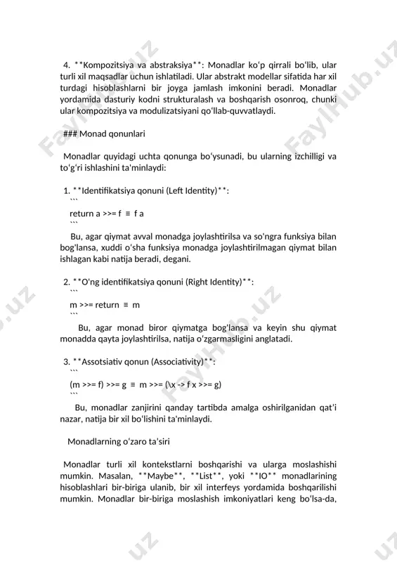 rilganidan qat’i nazar, natija bir xil bo‘lishini ta'minlaydi. monadlarning o‘zaro ta’siri monadlar turli xil kontekstlarni boshqarishi va ularga moslashishi mumkin. masalan, **maybe**, **list**, yoki **io** monadlarining hisoblashlari bir-biriga ulanib, bir xil interfeys yordamida boshqarilishi mumkin. monadlar bir-biriga moslashish imkoniyatlari keng bo‘lsa-da, ularda aralash monadlar bilan ishlash uchun **monad transformer**lar kerak bo'lishi mumkin. shunday qilib, monadlar funksional modelda hisoblashlar, yon ta’sirlar, va natijalarni boshqarishning samarali va moslashuvchan vositasini ta’minlaydi. bu kontseptsiya dastur tuzilishini soddalashtiradi va funksiyalarni bir-biriga bog‘lashni osonlashtiradi. 3- mavzu: **oydt (obyektga yo'naltirilgan dasturlash tili)** funksional modeli – bu obyektga yo'naltirilgan dasturlash paradigmasining (oop) va funksional dasturlash paradigmalarining kombinatsiyasiga asoslangan dasturlash modelidir. obyektga yo'naltirilgan dasturlash ko'pincha holatlarni boshqarish va obyektlar orasidagi o'zaro ta'sirni ifodalash bilan shug'ullanadi, funksional dasturlash esa yon ta'sirlarsiz sof funksiyalarga tayanadi. bu ikkala paradigma birlashtirilganda dasturlashning yangi shakli hosil bo'ladi, bu model hozirda ko'plab dasturlash tillarida qo'llaniladi, jumladan **scala**, **f#**, **kotlin**, va **java**ning yangi versiyalarida ham. oydt …