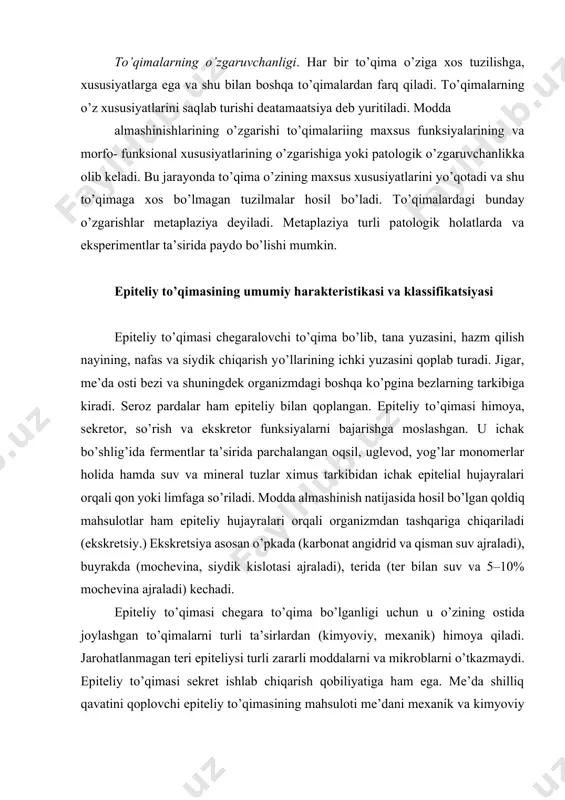 gan. epiteliy tо’qimasi himoya, sekretor, sо’rish va ekskretor funksiyalarni bajarishga moslashgan. u ichak bо’shlig’ida fermentlar ta’sirida parchalangan oqsil, uglevod, yog’lar monomerlar holida hamda suv va mineral tuzlar ximus tarkibidan ichak epitelial hujayralari orqali qon yoki limfaga sо’riladi. modda almashinish natijasida hosil bо’lgan qoldiq mahsulotlar ham epiteliy hujayralari orqali organizmdan tashqariga chiqariladi (ekskretsiy.) ekskretsiya asosan о’pkada (karbonat angidrid va qisman suv ajraladi), buyrakda (mochevina, siydik kislotasi ajraladi), terida (ter bilan suv va 5–10% mochevina ajraladi) kechadi. epiteliy tо’qimasi chegara tо’qima bо’lganligi uchun u о’zining ostida joylashgan tо’qimalarni turli ta’sirlardan (kimyoviy, mexanik) himoya qiladi. jarohatlanmagan teri epiteliysi turli zararli moddalarni va mikroblarni о’tkazmaydi. epiteliy tо’qimasi sekret ishlab chiqarish qobiliyatiga ham ega. me’da shilliq qavatini qoplovchi epiteliy tо’qimasining mahsuloti me’dani mexanik va kimyoviy ta’sirlardan saqlasa, me’da-ichak nayi bо’ylab joylashgan epiteliy hujayralari esa oziq moddalarning parchalanishida va sо’rilishida muhim о’rin tutadi. epiteliy tо’qimasi homila taraqqiyotida har uchala homila varaqlaridan (ekto-, ento- va mezodermadan) hosil …