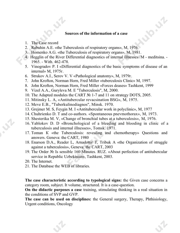 seminated a tuberculosis. ii. methodical instructions for students 2.1. a problem: in the conditions of svp to make individual or mass tuberculin diagnostics. to study methods of preventive maintenance, diagnostics and treatment of easy tuberculosis easy and other systems. 2.2. under a problem: 1. the appearance analysis 2. the analysis of the anamnesis and the risk factors which are etiologic the factor in occurrence of a tuberculosis 3. the survey analysis 4. the choice of necessary methods of diagnostics 5. to correlate the received results and to carry out differential diagnostics 6. to come to the certain decision of problems in the conditions of svp and gvp 2.3. algorithm of the decision: 1. the appearance analysis includes following research: - survey of a skin and the visible mucous - the person (eyes, language) 2. the anamnesis analysis - the transferred diseases - the family-social anamnesis 3. the survey analysis - …