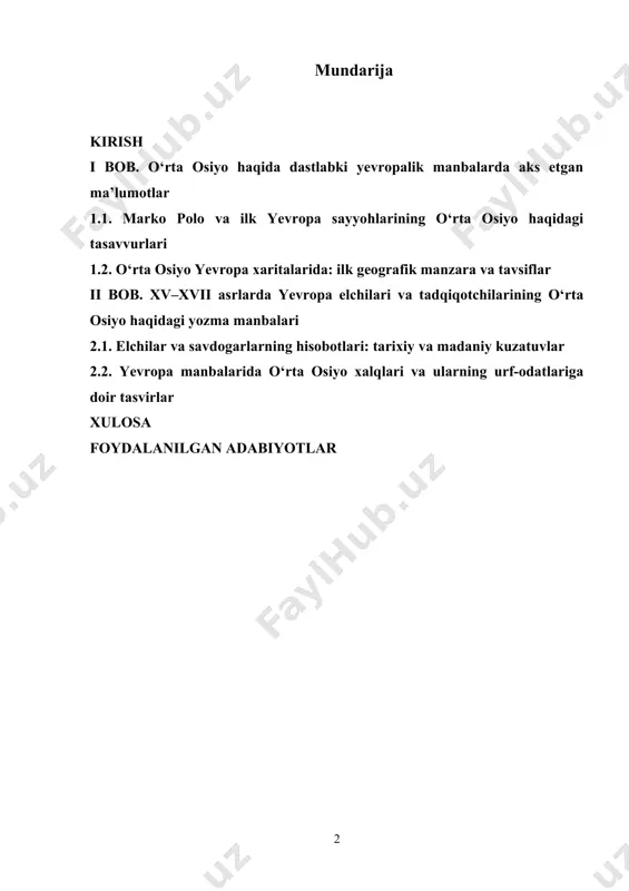 sayohatchilar — masalan, marko polo, klavixo va ruy gonsales de klavixo kabi shaxslarning safar xotiralari orqali men o‘rta osiyoning xiv–xv asrlardagi siyosiy, iqtisodiy va madaniy holati haqida boy ma’lumotlarga ega bo‘ldim. ularning asarlarida samarqand, buxoro va xiva kabi shaharlarning o‘ziga xos me’moriy qiyofasi, aholining turmush tarzi, ilm-fan taraqqiyoti va savdo aloqalari alohida e’tibor bilan tasvirlangan. bu yozma manbalar orqali men o‘sha davrdagi o‘rta osiyo hayotining jonli manzarasini ko‘z oldimda gavdalantira oldim. xvii asrgacha bo‘lgan yevropa manbalarida o‘rta osiyo ko‘pincha afsonaviy, ba’zan esa sirli va yovvoyi hudud sifatida tasvirlangan. bu tasvirlar ko‘pincha haqiqat bilan uyg‘un kelmasada, ular orqali men yevropa va sharq o‘rtasidagi madaniy tafovut va axborot almashinuvi qanday bo‘lganini tushuna oldim. aynan mana shu manbalar bugungi tarixshunoslik uchun nihoyatda muhim bo‘lib, ular orqali o‘z hududimizni qanday ko‘rganliklarini, qanday baholaganliklarini o‘rganish men uchun ilmiy jihatdan katta qiziqish uyg‘otdi. shu boisdan ushbu kurs ishida men xvii asrgacha yozilgan yevropalik mualliflarning asarlari orqali …