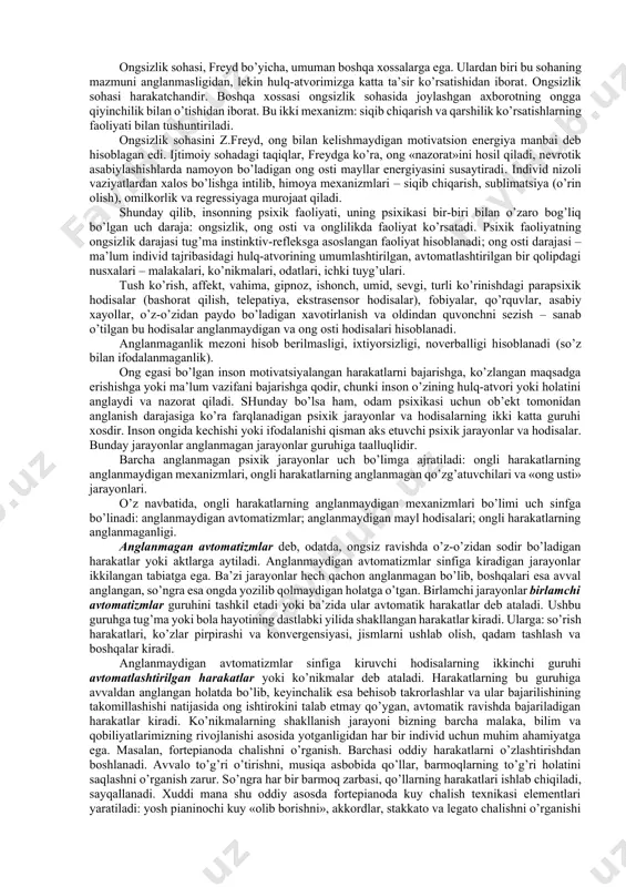 amlarning hamkorlikdagi samarali nutq vositasidagi qurolli faoliyati hisoblanadi. bu faoliyat odamlarning muloqoti va o’zaro ta’siri, ishning taqsimlanishini talab etadi. u hamkorlikdagi faoliyat ishtirokchilari tomonidan hamkorlik maqsadi sifatida anglanadigan mahsulot yaratishni taqozo etadi. individual ong insoniyat tarixi boshlanishida jamoaviy faoliyat jarayonida uni tashkil etishning zarur sharoiti sifatida yuzaga keldi: axir odamlarga u yoki bu faoliyat bilan shug’ullanishlari uchun ularning har biri hamkorlikdagi faoliyat maqsadini aniq tasavvur qilishlari lozim. bu maqsad aniqlanib, so’z bilan ifodalanishi kerak. avval jamoa ongi, undan so’ng individual ong paydo bo’ladi, bunday ketma-ketlikdagi rivojlanish faqat ong filogenezi uchun emas, balki ong ontogenezi uchun ham xarakterlidir. bolaning individual ongi jamoa ongi asosida va uning mavjudligi sharoitida uni o’zlashtirish yo’li orqali shakllanadi (interiorizatsiya, ijtimoiylashuv). inson ongining rivojlanishida inson faoliyatining ijodiy xarakteri muhim ahamiyatga ega. ong inson tomonidan tashqi olamnigina emas, balki, o’zi, hissiyotlari, obrazlari, tasavvur va sezgilari anglanishini taqozo etadi. odamlar obrazlari, fikrlari, tasavvurlari va sezgilari ularning ijodiy mehnatlari mahsulida …