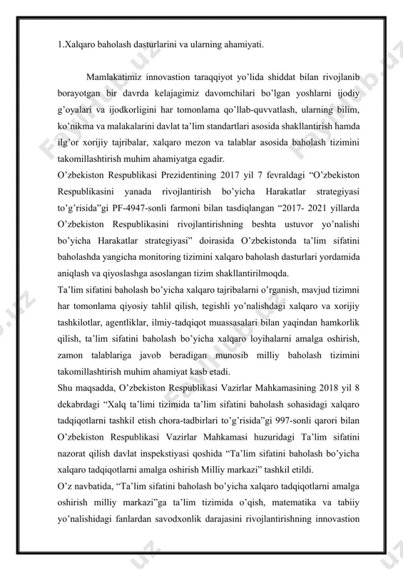 hkil etish chora-tadbirlari to’g’risida”gi 997-sonli qarori bilan o’zbekiston respublikasi vazirlar mahkamasi huzuridagi ta’lim sifatini nazorat qilish davlat inspekstiyasi qoshida “ta’lim sifatini baholash bo’yicha xalqaro tadqiqotlarni amalga oshirish milliy markazi” tashkil etildi. o’z navbatida, “ta’lim sifatini baholash bo’yicha xalqaro tadqiqotlarni amalga oshirish milliy markazi”ga ta’lim tizimida o’qish, matematika va tabiiy yo’nalishidagi fanlardan savodxonlik darajasini rivojlantirishning innovastion metodlarini ishlab chiqish hamda joriy etishga yo’naltirilgan ilmiy izlanishlar olib borish, ta’lim sifatini baholash sohasida xalqaro aloqalarni o’rnatish, xalqaro loyihalarni ishlab chiqish, amalga oshirish kabi vazifalar yuklatildi. shu bilan bir qatorda, milliy markaz direktori – xalqaro tadqiqotlarning milliy loyiha menejeri hisoblanib, xalqaro tadqiqotlarni tashkil etish hamda muvofiqlashtirishda o’zbekiston respublikasining vakili sifatida ishtirok etishi belgilab qo’yildi. mazkur vazifalarning amaliy ifodasi sifatida o’zbekiston respublikasi vazirlar mahkamasi huzuridagi ta’lim sifatini nazorat qilish davlat inspekstiyasi bilan xalqaro hamkorlik va taraqqiyot tashkiloti o’rtasida o’quvchilar savodxonligini baholash bo’yicha xalqaro dasturda (agreement for participation programme for international student assessment - pisa 2021) …