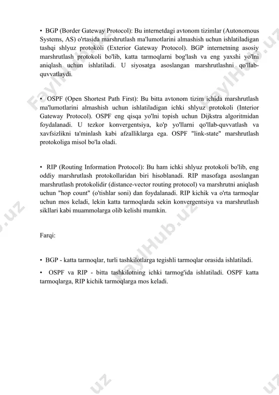 qsad manzilga yetkazish uchun yuborilishi kerak bo'lgan keyingi routerning ip-manzili. agar maqsad manzilga bevosita ulanish mavjud bo'lsa, bu ustun "direct" yoki "connected" deb ko'rsatilishi mumkin. • interfeys (interface): paketni keyingi qadamga yuborish uchun ishlatiladigan router interfeysi. • masofa (metric): maqsad manzilga yetib borish uchun zarur bo'lgan "xarajat" ko'rsatkichi. bu hop count (o'tishlar soni), bandwidth (o'tkazuvchanlik qobiliyati), kechikish (delay) yoki boshqa omillar bo'lishi mumkin. router eng past masofaga ega bo'lgan yo'lni tanlaydi. • marshrutlash kodi (route type): marshrutning qanday o'rganilganligini ko'rsatadi (masalan, "c" - connected, "s" - static, "r" - rip, "o" - ospf). marshrutlash jadvalining ishlash tartibi: 1. router ma'lumot paketini qabul qiladi. 2. router paketning maqsad ip-manzilini tekshiradi. 3. router marshrutlash jadvalida maqsad ip-manzilga mos keladigan yozuvni qidiradi. 4. agar mos yozuv topilsa, router paketni keyingi qadamga (next hop) yo'naltiradi. 5. agar mos yozuv topilmasa, router paketni sukut bo'yicha yo'naltiruvchiga (default gateway) yuboradi yoki paketni tashlab yuborishi mumkin. 2. …