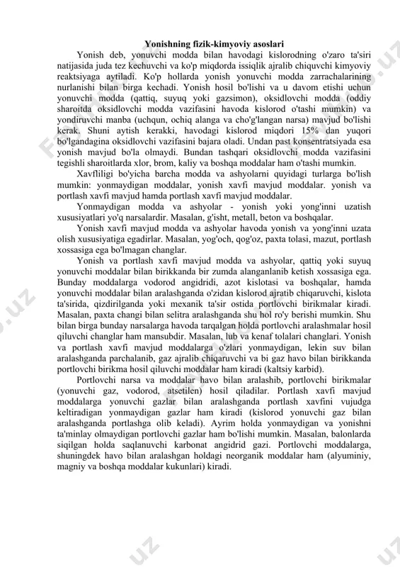 r berish va buning uchun zarur muddatlarni belgilash; -yong'in va portlash xavfini yuzaga keltiruvchi qoida buzilishlari aniqlaganda ana shu buzilishlar bartaraf etilgunga qadar korxonaning ishini butunlay yoki qisman to'xtatib qo'yish; -yong'in xavfsizligi qoidalarining buzilishi yoki bajarilmasligida aybdor bo'lgan kishilarni ma'muriy yohud jinoiy javobgarlikka tortish. ishchi-xizmatchilar o'z ish o'rnidagi yoki ular o'zi ishlaydigan bo'linmadagi yong'in xavfsizligi talablarini yaxshi bilishlari va ularga qat'iy amal qilishlari, o't o'chirish vositalaridan foydalana olishlari, mehnat hamda texnologiya intizomiga qat'iy rioya qilishlari, yong'in hamda portlash jihatidan xavfli modda va ashyolarni ishlatishni bilishlari zarur. korxona, muassasa va tashkilotlarda yong'in xavfsizligini ta'minlash ishini tashkil qilish. ishchilar, xizmatchilar va muhandis-texnik xodimlarning ko'pchiligi jalb etilgandagina korxona, muassasa, hamda tashkilotlarda yong'inga qarshi muvaffaqiyatli kurash olib borish mumkin. buning uchun har bir obektda yong'in- texnik komissiyasi tuziladi. komissiyaga bosh muhandis, texnik rahbar yoki rahbarning birinchi o'rinbosari boshchilik qiladi, ularning vazifasi quyidagilardan iborat: -yong'inning oldini olish qoidalarining buzilishlarini va yong'in chiqishiga olib keluvchi kamchiliklarni …