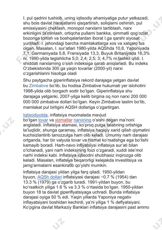 qaramay, inflatsiya haqiqiy xarid qilish qiymatini kuchsizlantirib tanozzulga ham olib keladi. umumiy narh darajasi ortganda, har bir valyuta tovar va hizmat koʻrsatishga ega boʻlishi kamayib boradi. harh-navo inflyatsiysi inflatsiya surʼati bilan oʻlchanadi, yani narh indeksining foizi oʻzgaradi, xuddi isteʼmol narhi indeksi kabi. inflatsiya iqtisodni shubhasiz inqirozga olib keladi. masalan, inflatsiya beqarorligi kelejakda investitsiya va jamgʻarmalarni esankiratib qoʻyishi mumkin. inflatsiya darajasi yildan yilga farq qiladi. 1950-yildan byuon, aqsh dollari inflatsiyasi darajasi −0.7 % (1954) dan 13.3 % (1979) ga oʻzgarib turadi. 1991-yildan buyon, bu koʻrsatkich yiliga 1.6 % va 3.3 % oʻrtasida boʻlgan. 1950-yildan buyon 18 ta davlat giperiflyatsiyaga uchradi. bunda inflatsiya darajasi oyiga 50 % edi. yaqin yillarda yaponiya negativ inflayatsiyani boshidan kechirdi, yaʼni yiliga 1 % deflyatsiyani. koʻpgina davlat markaziy banklari inflatsiya darajasini past ammo pozitive holda ushlab turishga harakat qilmoqda. bazilari bu koʻrsatkichni 1-3 % da ushlab turishni rejalashtirgan. kumush va oltinga asoslangan iqtisodiyot bazan inflatsiyaga uchrasada, bu …