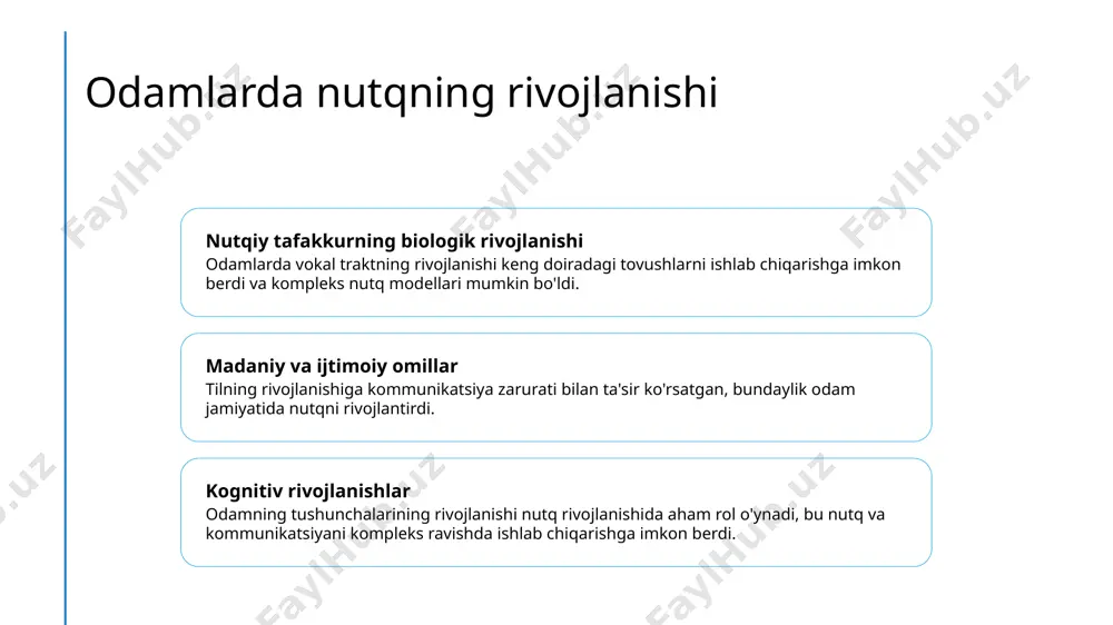 q bo'lishi mumkin, bu nutq va til rivojlanishiga ta'sir qiladi. interveksiya va qo'llab-quvvatlash nutqiy xavotirlar va rivojlanishni kechiktirish uchun tez interveksiya, nutq terapiyasi, ta'limiy qo'llab-quvvat va oilaviy qatnashish foydali bo'ladi. nutqiy tafakkurning rivojlanishi 1 2 3 tilni rejalashtirish artikulyatsiya monitoring va qaytaruv tilni rejalashtirish so'z tanlash va ularni gapirishdan oldin ularga mos keluvchi so'zlarini tanlash va ulardan iborat koherent tuzilishga o'ziga xosdir. artikulyatsiya til, lib, vokal tizimining harakatlari orqali nutqni chiqarishning jismoniy jarayoni deb ta'riflanadi. monitoring va qaytaruv o'z nutqni doimiy baholash va eshitiladigan va hissiy qayta aloqa asosida o'z nutqi rivojlanishini baholashni o'z ichiga oladi. erkinlik davridagi o'ylash jarayonlarining rivojlanishi iroq va tasavvurlar rivojlanishi chaqaloqlar muhit bilan ta'zimlashuv, yuzlarni tanish va ranglarni va shakllarni ajratish kabi tajribalar orqali hissiyot va tasavvurlarini rivojlantirishadi. til va muloqot rivojlanishi chaqaloqlar ovoz chiqarish, tovushlarni oʻzlashtirish va soʻnggina soʻz va oddiy jumladan foydalanib, oʻz ehtiyojlari bilan muloqot qilish orqali tilni tushunish va ishlab chiqishni …