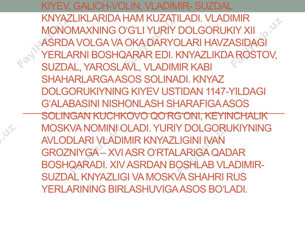 ollarda o‘lim jazosi yoki qamoqqa olish jazolari ham qo‘llanildi. xulosa o‘rta asrlarda rossiya davlatining huquqi ko‘proq feodal munosabatlar, urf-odatlar va cherkov ta’siri ostida rivojlangan. u markazlashgan davlat tashkil topishi jarayonida shakllanib, keyingi huquqiy tizimlarning asosini yaratgan. e’tiboringiz uchun rahmat image2.jpeg image3.png