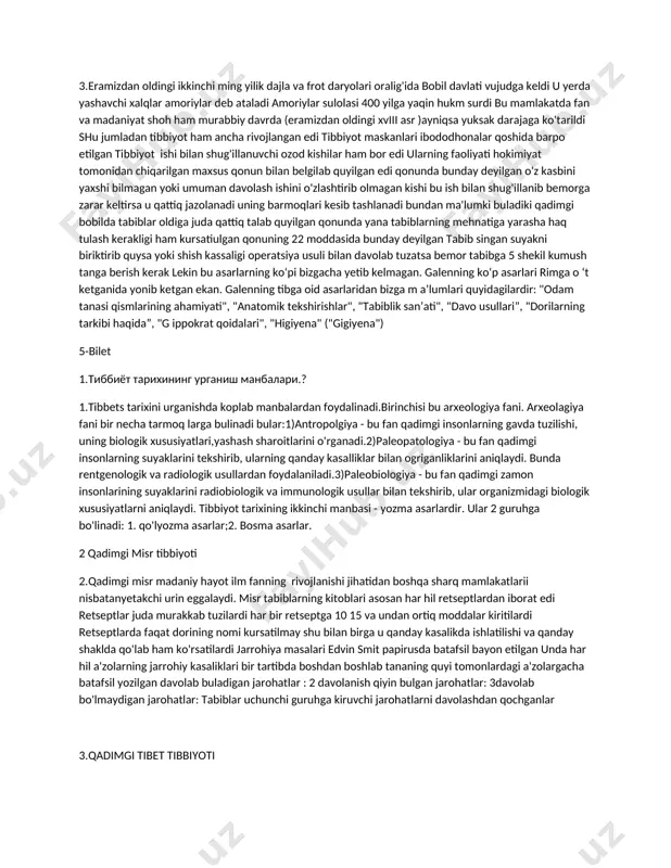ilar sangivniklar kasalikka moyil emaslar kasal bulsalar ham cho'zilmay tez tuzalib ketadilar melanholik kasalik masalasida juda noqulay ahvoldalar bular ham flegmatiklar ham xolieriklarda uchraydigan kasaliklar bilan og'riydilar. 3 qadimgi o'rta osiyoda tibbiyot 3.avesto tibbiyotining kelib chiqishi haqida bir rivoyat bor unda aytilishicha odamlarga tabiblik sanatini yima ismli zot o'rgatgan bu zotni nuh payg'ambarga nisbat qiladilar avestoda odamanotomiyasi va fizologiyasi haqida ham ba'zi ma'lumotlar mavjud unda odam gavdasi quyidagi qismlardan iborat deb kursatilgan suyaklar muskullar yog'lar miya tomirlar qon jigar o'ti ikki hil tomir mavjudligi kursatilgan ulardan biri qizil sog'lom qon oquvchi ikkinchisi qora nosog'lom qon oquvchi tomirdir bulardan tashqari oq qon tashuvchi yoki umuman qon tashimaydigan tomir ham borligi kursatilgan bu yerda limfatik yullar tomirlar yoki asab tomirlari kuzda tutilgan bulsa kerak odam a'zolarida suyak iligiga alohida ahamiyat berilgan hayot markazi shunda joylashgan deb yozilgan hayot ut olov li jarayondir deb kursatilgan o'lim esa yonib tugashdir deyilgan 4-bilet 1. tibbiyotning …