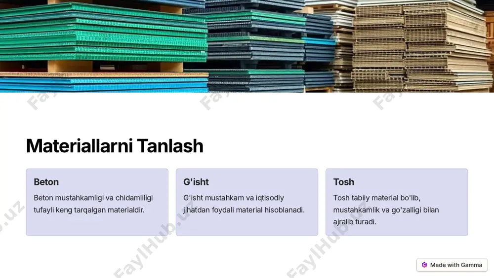 1 vizual tekshirish vallaning yuzasini yoriqlar, shikastlanishlar va boshqa nuqsonlarga tekshirish. 2 tekshirish asboblarini ishlatish vallaning mustaxkamligini aniqlash uchun maxsus asboblarni qo'llash. 3 laboratoriya tahlillari vallaning namunalarini olib, ularni laboratoriyada tekshirish. https://gamma.app/?utm_source=made-with-gamma vallarni mustaxkamlash armatura vallaning mustaxkamligini oshirish uchun armatura qo'llash. beton vallaning mustaxkamligi va chidamliligi uchun beton ishlatish. g'isht vallaning mustaxkamligi uchun g'isht ishlatish. https://gamma.app/?utm_source=made-with-gamma vallarni mustaxkamligi haqida qo'shimcha ma'lumotlar vallarni mustaxkamligini hisoblash jarayoni qurilish kodlari va normalariga muvofiq amalga oshiriladi. loyiha va qurilish jarayonida muhandislar va boshqa mutaxassislarning ishtiroki muhimdir. https://gamma.app/?utm_source=made-with-gamma