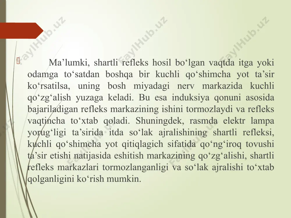 hisoblanadi. odamning xulq-atvori, fikrlashi, ongi va barcha ruhiy xususiyatlari oliy nerv faoliyati bo‘lib, u bosh miya katta yarimsharlari va ular po‘stlog‘ida joylashgan nerv markazlarining normal funksiyasiga bog‘liq. bu reflekslar odam organizmidagi muhim hayotiy jarayonlarni ta’minlashga qaratilgan. masalan, ovqatni chaynash (bolaning emishi), yutish, hazm qilish, najas va siydik ajratish, nafas olish, qon aylanishi va hokazolar. shartsiz reflekslar doimiy, ya’ni ular odamning hayoti davomida o‘zgarmaydi (yo‘qolmaydi). ularning soni va turi barcha kishilarda deyarli bir xil. bu reflekslar nasldan naslga o‘tadi. shartli reflekslar. shartli reflekslarning markazi bosh miya katta yarimsharlari po‘stlog‘ida joylashgan. bu reflekslar bola tug‘ilgan vaqtda bo‘lmaydi, ular odamning hayoti davomida hosil bo‘ladi. shartli reflekslarning nerv yo‘llari ham bola tug‘ilgan vaqtda bo‘lmay, keyinchalik tarbiya, bilim olish, hunar o‘rganish va boshqa hayotiy tajribalar asosida hosil bo‘ladi. shartli reflekslar shartsiz reflekslar asosida hosil bo‘ladi. shartli refleks hosil bo‘lishi uchun oldin shartli ta’sirlovchi, uning ketidan shartsiz ta’sirlovchi ta’sir etishi kerak. masalan, itda so‘lak ajralishiga shartli …