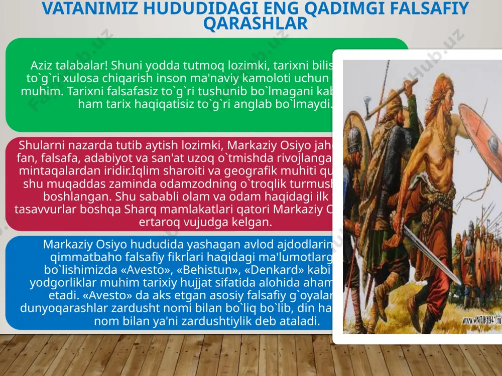 i falsafiy risola bo`lmay, balki turli vaqtda turli mavzuda ijod qilgan noma'lum mualliflarning mantlaridan iborat. qadimgi hind falsafiy oqimlaridan biri- «charvaka» nomi bilan ataladigan oqimdir. bu oqim tarafdorlari dunyoni, tabiat hodisalarini qanday bo`lsa o`shanday tushuntirmoq kеrak dеgan talabni ilgari surgan edilar. suqrot falsafasiga ham ma'lum darajada ta'sir ko`rsatgan.suqrot (eramizdan oldingi 469-399 yillar) (asli- sokrat) qadimgi yunon faylasufi. afinaning ijtimoiy hayotida faol ishtirok etganyoshlar tarbiyasi bilan shu`ullangan, hur fikrli inson, kamba`aldan chiqqan tosh kеsuvchilarning o``li, o`ta bilimdon kishi sifatida mashhur bo`lgan. suqrot va uning tarafdorlari jamiyat qonunlariga, ular qanday bo`lishidan qa'tiy nazar so`zsiz itoat etishini tar`ib etganlar. suqrot o`z ta'limotini o`zaki rashida ko`cha- ko`yda, maydonlarda, hiyobonlarda shogirdlari va izdoshlari bilan shakllantirgan va xalq ongiga singdirishga harakat qilgan, lеkin birorta ham asar yozmagan uning falsafiy, axloqiy ta'limotlari mohiyatini shogirdlari ksеnnafant, aristafan va aflotunlarning asarlaridan bilib olishimiz mumkin. e’tiboringiz uchun tashakkur!!! image2.jpeg image3.png image4.png image5.jpeg image6.jpeg image7.jpeg image8.jpeg image1.jpg /docprops/thumbnail.jpeg