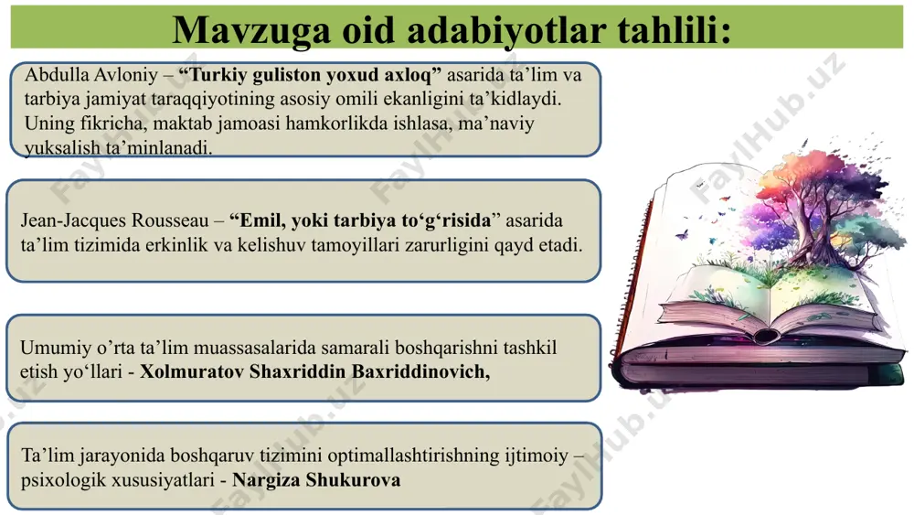 hkil etilishi. xodimlarning fikrlarini hisobga olgan holda, kelgusi yillarga mo‘ljallangan takliflarni ishlab chiqish. maktab ma’muriyati va metod birlashma rahbarlari,psixologlar har oyda bir martadan kam bo‘lmagan holatda insoniylik va tenglik ta’minlanadi. o‘zining va ishning muhimligini tushunadi. jamoa rahbar atrofida birlashadi. chora-tadbirlar rejasi 3 maktablarda xodimlarning rag‘batlantirilishi va mukofotlanishlarining muntazam emasligi. faol va ijodkor o‘qituvchilarni qo‘shimcha mukofotlar bilan rag‘batlantirish. menejer rahbar va metod birlashma rahbarlari. yarim yilikkda bir marta o‘qituvchilarning motivatsiyasini yanada oshirish va qolganlarga namuna bo‘lishlari mumkin. 4 pedagoglarning ish yuklamasini to’g’ri rejalashtirish pedagoglarning ish yuklamasini va bo’sh vaqtlarini tizimli ravishda rejalashtirish. maktab ma’muriyati va metod birlashma rahbarlari,psixologlar har chorakda o‘qituvchining o‘z ustida ishlashiga vaqt ajratishiga imkon bo‘ladi. e’tiboringiz uchun rahmat! 14 image1.png image2.png image3.jpeg image4.jpeg image5.png image6.png image7.png image8.png image9.png image10.png image11.jpeg image12.png image13.jpeg image14.jpeg image15.jpeg image16.jpeg image17.jpeg image18.jpeg image19.jpeg basic rgb