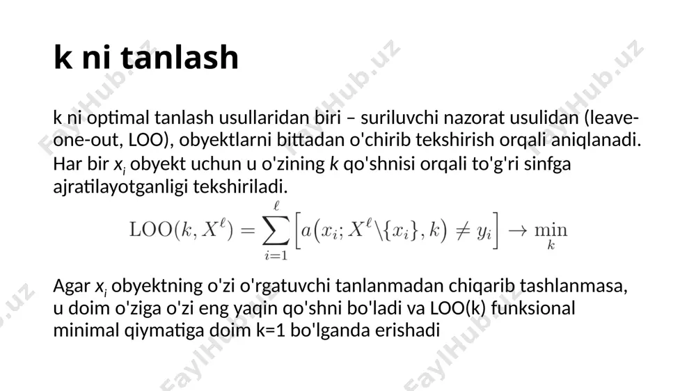 o va h darcha kengligining ta'siri gauss yadrosi – silliq yaqinlashish darcha kengligi approksimatsiya aniqligiga yuqori ta'sir ko'rsatadi. k yadro va h darcha kengligining ta'siri uchburchakli yadro – darcha kichik bo'lganda h radius sferasiga hech qaysi obyekt tushmadi darcha kengligi approksimatsiya aniqligiga yuqori ta'sir ko'rsatadi. k yadro va h darcha kengligining ta'siri to'rtburchakli yadro – bo'lakli doimiy yadro darcha kengligi approksimatsiya aniqligiga yuqori ta'sir ko'rsatadi. k yaqin qo'shni regressiya algoritmi o'rgatuvchi tanlanma berilgan bo'lsin: obyektlar to'plamida masofa funksiyasi aniqlangan bo'lsin: ixtiyoriy u obyekt uchun o'rgatuvchi tanlanma obyektlarigacha masofalar o'sish tartibida joylashtirilsin: regressiya uchun k yaqin qo'shni algoritmining ko'rinishi: k yaqin qo'shni regressiyasi k yaqin qo'shni regressiyasi image1.png image2.png image3.png image4.png image5.png image6.png image7.png image8.png image9.png image10.png image11.png image12.png image13.png image14.png image15.png image16.png image17.png image18.png image19.png image20.png image21.png image24.png image22.wmf image23.wmf image25.png image26.png image27.png image28.png image29.png image30.png image31.png image32.png image33.png image37.png image34.wmf image35.wmf image36.wmf image38.png image39.png n x î ¡ y …