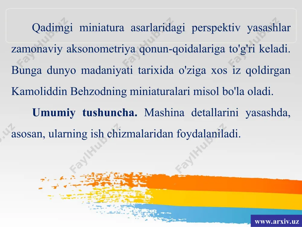 ni 27.1-chizma, a da ko'rsatilgan). www.arxiv.uz bu yerda proyeksiyalash nurlarini oy o'q uchun p tekisligi ga perpendikular olinsa, oy o'q p ga nuqta ko'rinishida proyeksiyalanadi. shunga ko'ra, proyeksiyalash nurlarini oy uchun p ga ikki marta qisqartirib proyeksiyalanadigan 45° burchak ostida qiyshiq olinadi. www.arxiv.uz shuning uchun ham, bu proyeksiya qiyshiq burchakli frontal dimetrik proyeksiya deyiladi. bu proyeksiyani qiyshiq burchakli dimetriya yoki frontal dimetriya deyish ham mumkin. dimetriya - yunoncha ikki marta kam o'lchash degan ma'noni beradi. jism bir tomoni bilan v ga parallel joylashgani uchun ham frontal dimet­riya deyiladi. frontal dimetriyada kubning bir tomoni aksonometriya tekisligi p ga parallel joylashtirilganda, kubning v tekisligiga parallel yog'i o'zining haqiqiy kattaligida tasvirlanadi. www.arxiv.uz bu yerda kubning yon tomon qirralari ox va oz larga haqiqiy o'lchamida qo'yiladi. oy o'qqa esa uning teng yarmisi o'lchab qo'yiladi. shunda kub ikki yog'i bilan kvadrat, boshqa yoqlari parallelogramm shaklida tasvirlanadi (27.1-chizma, b). frontal dimetriyada o'qlarning joylashishi. bunda x va …