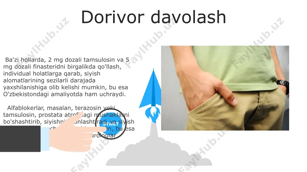 rish yoki suzish, prostataning kattalashishi alomatlarini yengillashtirishga yordam beradi. prostata giperplaziyasi nima? jahon sog'liqni saqlash tashkiloti ma'lumotlariga ko'ra, prostata giperplaziyasi qo'shma shtatlarda 10 milliondan ortiq erkaklarda tashxis qo'yilgan bo'lib, ularning ko'pchiligi 60 yoshdan oshgan. prostata giperplaziyasi, 50 yoshdan oshgan erkaklarning 50% dan ko'prog'ida uchraydigan, prostata bezining yaxshi sifatli o'sishi bo'lib, siyish qiyinchiliklariga, masalan, tez-tez siyishga va siydik oqimining sustlashishiga olib keladi. bph va hayot sifati bph tufayli kelib chiqadigan uyqu buzilishi, issiqlik hissi va charchoq kabi alomatlar tokio universiteti olimlarining tadqiqotiga ko'ra, bemorlarning kunlik faoliyatini sezilarli darajada cheklab, hayot sifatini pasaytiradi, bu esa ish qobiliyatiga salbiy ta'sir ko'rsatishi mumkin. bph bilan ogʻrigan erkaklarning 70% gacha oʻzlarining hayot sifatining sezilarli darajada pasayganini, ayniqsa, siyish bilan bogʻliq muammolar tufayli, masalan, tez-tez siyish yoki siyishni toʻxtatib qolish kabi holatlarni his qilishlarini amerika qo'shma shtatlari tadqiqotlari ko'rsatmoqda. 06 05 04 bph diagnostikasi 01 02 qovuq qoldiq siydik hajmini aniqlash uchun, 50 ml dan yuqori …