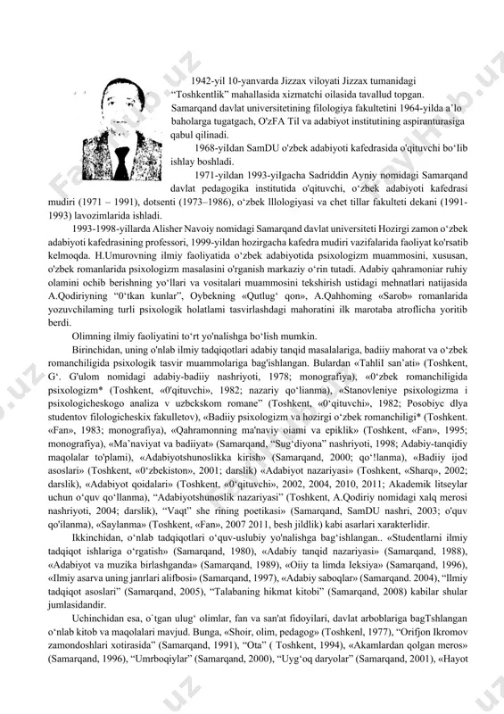 haqida, ularning hayoti va ijodini umumlashtinivchi tanqidiy-biografik asarlar yoztshga e’tibor qartadi, masalan, mashhur shoir a.oripov haqida faqatgina 2000 yilgagina kelib, m.qo‘shjonov va s.melilarning adabiy portreti yaratildi. e.vohidov, sh.xolmirzayev, rauf parfi, jamol kamol, o‘.hoshimov va boshqa adabyotlar haqida, afsuski, saimoqli adabiy portretiar hanuzgacha yaratilmay kelayotir. holbuki. tanqidiy-biografik yo'nalishda asarlar yaratish vaqti allaqachon yetib kelgan. bu kemtikiikni to'ldirish harakati boshlanib, janrmng keyingi taraqqiyoti uning ham shakl, ham mazmun jihatidan mukammallik sari inti'ayotganini tanqidchi a.rasulovning tadqiqollarida ko'rish mumkin. ularda awal kuzatilgan ba'zi nuqsonlar takrorlanmaydi, jonli xotiralardan unumii foydalanish, obyekt-adib yoki tanqidchining o‘z iqrorlari — barchasi jamianib, tirik insonning yaxlit obrazi yaratiladi. natijada adib siymosidagi individuallik, boy ma'naviy qiyofasi bilan o‘quvchi qalbida mahkam o'mashadi. «iste dod va e tiqod» asarida adabiyotshunos o.sharafiddinoviung yaxlit portretini yaratish asosiy maqsad qilib olingan. aslida «ozod sharafiddinov» portreti 1980-yilda yozilgan, unda ravnaqqidning ilmiy-ijodiy qiyofasini yaratishga urg'u berilgan edi. oradan yigirma yil o‘tib, 2000-yilda yaratilgan bu adabiy poriret oldingisidan mohiyati, …