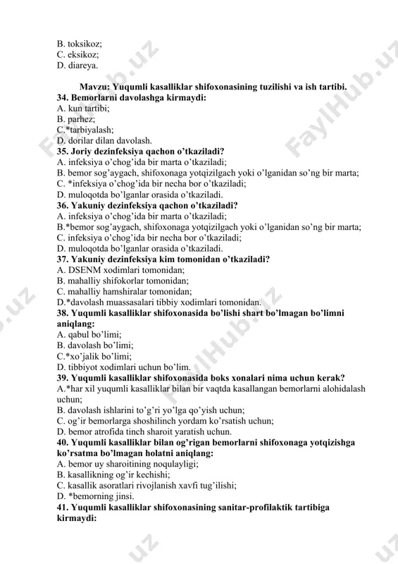 aktik tartibiga kirmaydi: a. kasalxona atrofini to’siqlar bilan o’rash; b. *davolash ishlarini to’g’ri yo’lga qo’yish; c. kasalxona xududining serdaraxt, obodonlashgan bo’lishi; d. hovlining toza bo’lishi. 42. qabulxona hamshirasining vazifasiga kirmaydi a. *bemorni ob’yektiv va sub’yektiv ko’rikdan o’tkazish; b. bemor hujjatlarini rasmiylashtirish; c. bemor haroratini o’lchash; d. bemorga antropometriya o’tkazish. 43. qabulxonada rasmiylashtirilmaydigan hujjatni aniqlang: a. shoshilinch xabarnoma to’ldirish; b. kasallik tarixining passport qismini to’ldirish; c. *kasalxonaga yo’llanma yozish; d. harorat varog’ini to’ldirish. 44. kasallik tarixining pasport qismida yozish shart emas: a. bemorning ismi sharifini; b. bemor ish joyini; c. uy manzilini; d. *tana haroratining ko’rsatgichini. 45. qabulxonada bemor kiyimlari bilan o’tkaziladigan tadbirlarni aniqlang: a. uyiga berib yuboriladi; b. *rezina qopchiqqa solinib dezinfeksiyaga yuboriladi; c. bemor shu kiyimlarni kiyib oladi; d. qabulxonada saqlanadi. 46. sanitar tozalash xonasida o’tkazilmaydigan tadbirni aniqlang: a. *bemorni tibbiy korikdan o’tkazish; b. bemor tirnoqlarini olish; c. soch va tanani pedikulyozga tekshirish; d. bemorni cho’miltirish. 47.yuqumli kasalliklar shifoxonasida …
