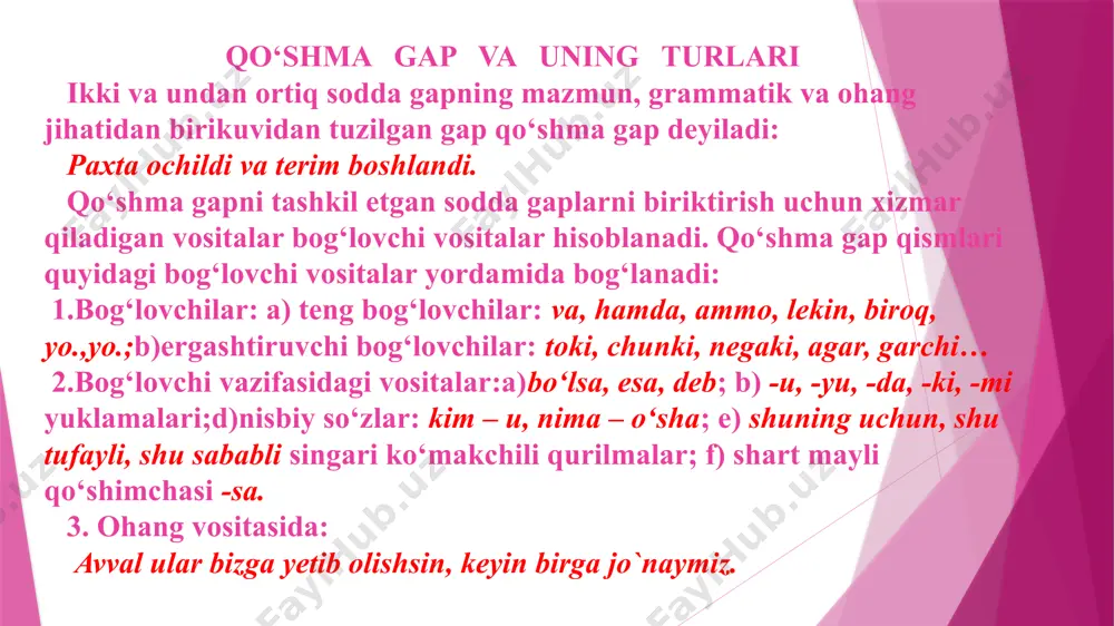 tasida bog‘langanda, bu bog‘lovchilar bosh gapdan oldin kelgan ergash gapning boshida keladi: agar shu tuproq bo‘lmasa edi, menda na yurak, na baxt, na oila bo‘lar edi. (k.ya.) 2. ko‘makchili qurilmali ergashgan qo‘shma gaplar qismlari bosh gap tarkibida keladigan shuning uchun, shu sababli, shu bois(dan), shu tufayli kabi qurilmalar orqali bog‘lanadi: xalq yusufbek hojidan zarra yomonlik ko‘rmagan, shuning uchun u qayoqqa yursa, shu yoqqa borishga hozir turar edi. (a.qodiriy) 3. deb (yoki uchun) so‘zi yordamida ergashgan qo‘shma gaplar qismlari ergash gap tarkibida keladigan deb so‘zi orqali bog‘lanadi: anorxonning qo‘li kuymasin deb, sobir o‘zi qumg‘onlarni ildam o‘choqdan oldi. 4. shart mayli vositasida ergashgan qo‘shma gaplar qismlari ergash gap kesimi tarkibida keladigan -sa qo‘shimchasi vositasida bog‘lanadi: kim vijdonan mehnat qilsa, u rohat ko‘radi. 5. ko‘rsatish olmoshili ergashgan qo‘shma gaplar qismlari bosh gap tarkibida keladigan ko‘rsatish olmoshi va -ki yuklamasi orqali bog‘lanadi: aytmoqchi bo‘lgan gapim shuki, do‘st do‘sti uchun zahar yutishi kerak.(m.ism.) 6. nisbiy …