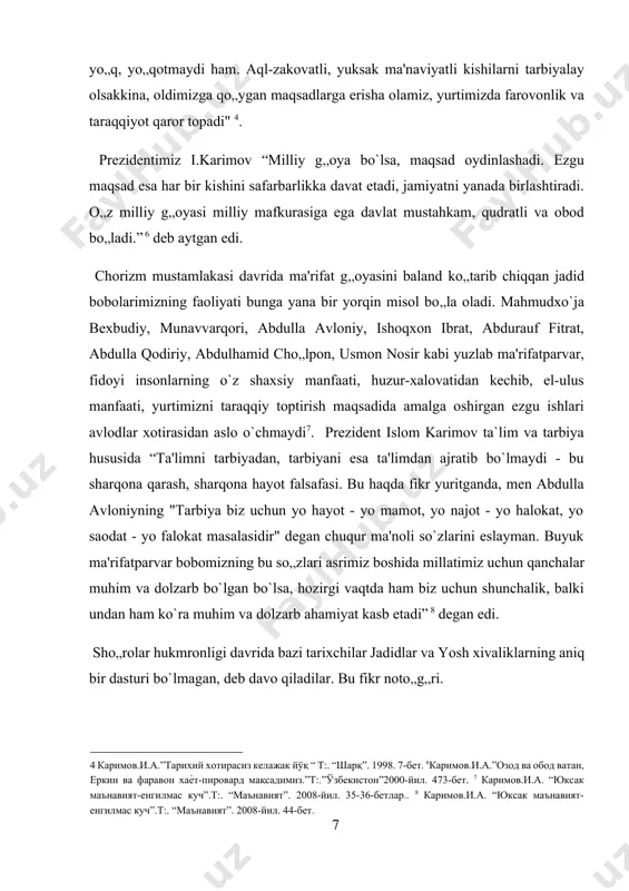 rgi kunning dolzarb masalaridan biridir. bitiruv malakaviy ishining o„rganilish darajasi biz bu yerda xiva xonligida jadidchilik va “yosh xivaliklar” tarixiga e`tibor bermoqchimiz. bu masala aloxida maxsus ravishda ilmiy jihatdan tadqiq qilinmagan. professor m.matniyazov taxriri ostida “yosh xivaliklar” partiyasining raisi polvonniyoz xoji yusupov “xotiralari”, “yosh xivaliklar tarixi” nomi ostida xorazm nashriyotida 1999-yilda chop qilingan. polvonniyoz xoji yusupov bu asarni o„zining kundalik daftarlari asosida 1926-yilda yozgan. asarda asosan 1910-1924-yillar mobaynida xorazmda, turkistonda ro`y bergan tarixiy voqealarni o`ziga xos uslubda o„zbek tilining xorazm shevasida, juda qiziqarli tarzda bayon qilgan. polvonniyoz yusupov asarining qimmati va o„sha davr tarixi haqida chop qilingan boshqa asarlardan farqi shundaki, u komunistik g`oya va aqidalardan xolis holda o„z ko„zi bilan ko„rgan, bilgan, eshitgan bevosita ishtirok qilgan tarixiy voqea va xodisalarni o„zicha baholab ro„y-rost hikoya qiladi. u o„z xotiralarni kelajak avlodga meros qilib qoldirish maqsadida o`z xotiralarni bir qator qilib jamlagan xotiralar tarzida yozilgani uchun bo`lsa kerak kitobga na nom, …