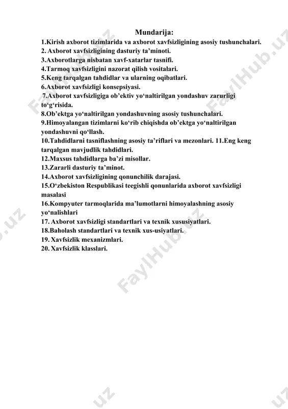 ertifikatlangan mutaxassis” (certified protection professional) sertifikatsiyasini o‘tkazadi.. 2. computer emergency response team coordination center (cert/cc) – kompyuterlardagi favqulodda holatlarga tezkor javob berish guruhlari faoliyatini muvofiqlashtirish markazi: kompyuter va tarmoq hujumlarni o‘rganish, tizimlarni himoya qilish usullarini topish va hujumlar haqida asosiy ma’lumotlarni tarqatish maqsadida aqsh mudofaa boshqarmasining ilg‘or ilmiy-tadqiqot mudofaa loyihalari agentligi tomonidan asos solingan va hozirda karnegi-mellon universitetining dasturiy injiniring institutida joylashgan. markaz veb-saytiga www.cert.org orqali tashrif buyurishingiz mumkin. 3. forum of incident response and security teams (first) – insidentlarga javob qaytarish va xavfsizlik guruhlari forumi: o‘quv muassasalari, boshqarmalari va tijoratning 100 dan ortiq tashkilotlari a’zo bo‘lgan xavfsizlik bo‘yicha xalqaro tashkilot. first mahalliy himoyada va xalqaro xavfsizlikda yuz beradigan insidentlarni oldini olish va ularga tezkor javob qaytarishga yordam berish maqsadida tashkil etilgan.. 4. infragard: xususiy sanoat konsorsiumi va aqsh kritik axborot tizimlari infrastrukturasini himoya qilish maqsadida axborot almashinuvni amalga oshiruvchi markaziy razvedka boshqarmasi tomonidan yo‘naltiriladigan aqsh federal boshqarmasi. 5. information …