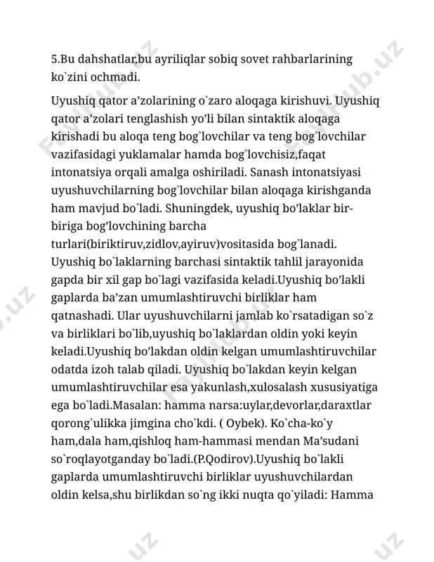 loq ham-hammasi mendan ma’sudani so`roqlayotganday bo`ladi.(p.qodirov).uyushiq bo`lakli gaplarda umumlashtiruvchi birliklar uyushuvchilardan oldin kelsa,shu birlikdan so`ng ikki nuqta qo`yiladi: hamma yerda:uylarda,ko`chalarda ivirsib yotgan xazon yuzi ertalab qirovdan oppoq bo’lib qoladi.(oybek).umumlashtiruvchi birliklar uyushuvchilardan so`ng kelganda,undan oldin “tire”qo’yiladi:kishilar,xotinlar,bolalar-kutib oluvchilar vagon bo`ylab chopdilar.(r.fayziy).uyushiq bo`laklar sanash ohangi bilan bog`langanda “vergul”bilan ajratiladi. foydalanilgan adabiyotlar: 1.ona tili. umumiy o`rta ta’lim maktablarining 8-sinfi uchun darslik. cho’lpon nomidagi nashriyotmatbaa uyi. toshkent-2019. 2.r.sayfullayeva,b.mengliyev,g.boqiyeva,m.qurbonova,z.yunusova,m.abuzalova. hozirgi o`zbek adabiy tili.toshkent-2009