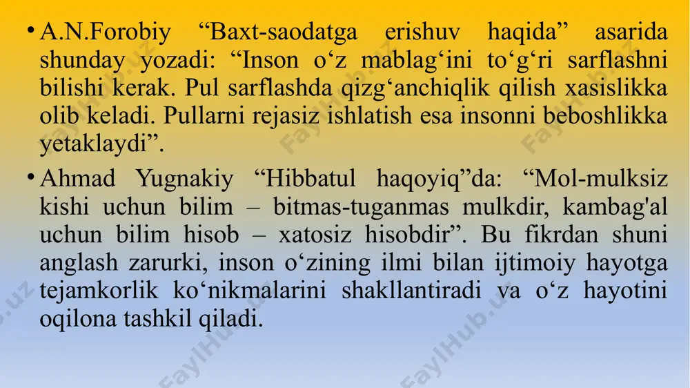 , dastavval, oila budjeti va iqtisodiy qudrati eng muhim asoslardan ekanligi hech kimga sir emas. shu sababli oila budjeti to‘g‘risidagi ma’lumotlarni keltirib o‘tamiz. oila budjeti. inson shaxs sifatida shakllandimi, endi u oilaga va jamiyatga xoh iqtisodiy, xoh ma’naviy jihatdan bo‘lsin foydasi tegishini o‘ylab sa’y- harakatlarni qilishi lozim. ayniqsa, shaxs oilali bo‘lganida oila iqtisodiy qudratini mustahkamlash asosiy vazifa bo‘lish kerak. oila budjetini mustahkamlash va sarflashda quyidagilarga e’tibor berib borish zarur: • oilaviy ehtiyoj; • oilaviy orzu-havas; • oila ravnaqini o‘ylash va shu kabilar. bunda oilaviy ehtiyoj zarur, uni bajarishga harakat qilish kerak. oilaviy orzu-havas, oila ravnaqi uchun imkoniyat darajasida harakat qilish lozim. demak, iqtisodiy tarbiyani oiladan boshlash talab qilinadi. bu orqali oilasiga va qolaversa, shaxsan o‘ziga tegishli bo‘lgan imkoniyat hamda ne’matlarning qadr-qimmatiga etishga erishiladi. e’tiboringiz uchun rahmat. image1.png image2.jpg image3.jpeg /docprops/thumbnail.jpeg