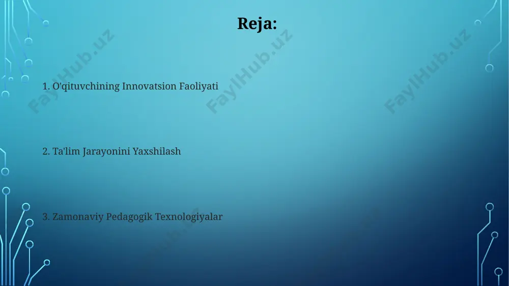 gle classroom yoki moodle orqali, o'qituvchi 100% gacha o'quvchilar bilan individual ravishda bog'lanib, ularning progressini kuzatib borishi va kerakli yordamni ko'rsatishi mumkin. interfaol o'yinlar va simulyatsiyalar, jumladan, 5-7 kishidan iborat guruhlarda bajariladigan amaliy topshiriqlar, o'quv jarayoniga yangi pedagogik texnologiyalarni integratsiyalashga va bilimlarni mustahkamlashga yordam beradi. o'qituvchining innovatsion faoliyatining mohiyati o'qituvchining innovatsion faoliyati samaradorligini baholashda o'quvchilarning bilim darajasi, ularning faolligi (kamida 70% ishtirok), loyihalar soni (yil davomida 3-5 ta) va o'quv jarayonining sifat ko'rsatkichlari hisobga olinadi. o'qituvchining innovatsion faoliyati ta'lim jarayoniga zamonaviy pedagogik texnologiyalarni, jumladan, 5 dan ortiq turdagi interaktiv usullarni joriy etishni, shuningdek, o'quvchilarda mustaqil fikrlash qobiliyatini rivojlantirishni o'z ichiga oladi. o'quvchilarning ijodiy qobiliyatlarini rivojlantirish "miya bo'roni" texnikasi yordamida o'quvchilarning g'oyalarini generatsiya qilish tezligi 50% ga oshadi va noyob, original g'oyalar soni 2 barobar ko'payadi. ijodiy loyihalarni guruhlarda bajarish orqali o'quvchilarning muloqot ko'nikmalari 25% ga o'sib, birgalikdagi ijodiy yechimlarni topishga bo'lgan qobiliyatlari 40% ga yaxshilanadi. hamkorlik va jamoaviy ishlash sinfda …