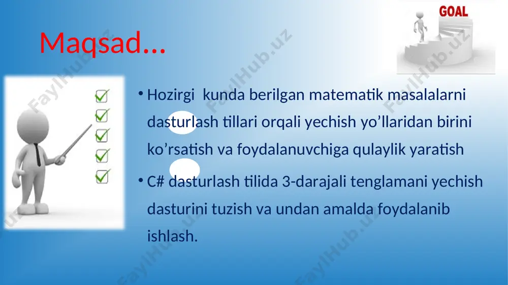 ing ishlashini tekshirib ko’ramiz. * ko’rinishdagi tenglama uchun a, b, c koeffitsiyentlarga qiymat beriladi. ko’rinishdagi tenglama uchun a, b, c koeffitsiyentlarga qiymat beriladi. ko’rinishdagi tenglama uchun a, b, c koeffitsiyentlarga qiymat beriladi. ushbu kurs ishi 3-darajali tenglama va uning turli ko’rinishlari haqida qisqacha ma'lumot beradi. mazkur kurs ishida men uchinchi tartibli tenglamani yechishni daraja pastlatib ikkinchi tartibli tenglamaga o’tib yechdim. bunda tenglamaning birorta butun ildizi [-20;20] bo’lsa, to’liq yecha oladi. aksincha bo’lsa to’liq yecha olmaydi. kurs ishim menga dasturlash asoslari fanidan bilimlarimni oshirdi. kelgusida yaratadigan dasturlarimga bu kurs ishimda olgan bilimlarim yordam berishiga ishonaman. xulosa e’tiboringiz uchun raxmat 32 0 axbxcxd +++= 32 0 axbx += 32 0 axbxcx ++= [20;20] -