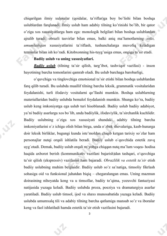 n emas. uning mazmun doirasining nihoyatda keng va u timsollar, badiiy to’qima, yozuvchi fantaziyasi natijasida yuzaga keladi. badiiy uslubda proza, poeziya va dramaturgiya asarlar yaratiladi. badiiy uslub timsol, ijod va shaxs munosabatida yuzaga keladi. badiiy uslubda umumxalq tili va adabiy tilning barcha qatlamiga mansub so’z va iboralar keng va faol ishlatiladi hamda estetik ta’sir etish vazifasini bajaradi. badiiy adabiyot tili yoki badiiy uslub adabiy tilda alohida o‘rin tutadi. badiiy uslubda xalq tilidagi hamma vositalardan erkin foydalaniladi. badiiy uslubning asosiy belgilari: 1. turli tasviriy vositalar, chunonchi, sifatlash, qiyoslash, mubolag‘a, kinoya, o‘xshatish va hokazolar qo‘llanadi: bulutning orasidan quyosh kulib qaraydi, majnuntolning yuvilgan sochlarini taraydi (e. vohidov). shoir bu misralarda badiiy tasvirning jonlantirish usulidan foydalanib, insonga xos kulish (kulib qaraydi), tarash (sochlarini taraydi) harakatlarini quyoshga nisbatan ishlatadi. 2. til vositalaridan erkin foydalaniladi. badiiy asarlarda adabiy tilga xos til birliklari, shuningdek, adabiy tildan tashqarida bo‘lgan sheva, oddiy nutq, jargon kabilarga xos so‘zlar bo‘lishi ham …