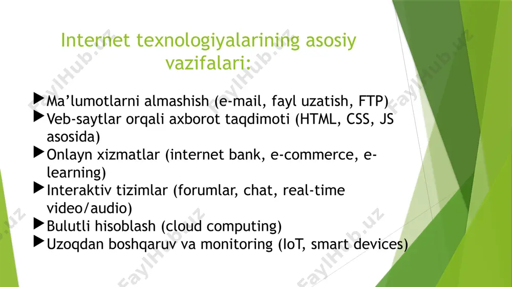 ls transport qatlamida shifrlash va autentifikatsiya https, vpn, elektron pochta firewall tarmoqni tashqi hujumlardan himoya qilish korxona tarmoqlari oauth 2.0 tashqi xizmatlar orqali xavfsiz autentifikatsiya mobil ilovalar, api captcha avtomatlashtirilgan botlardan himoya ro‘yxatdan o‘tish, login sahifalari bulutli va hosting texnologiyalari hosting provayderlari: godaddy, hostinger, bluehost bulutli platformalar: aws, google cloud, microsoft azure cdn (content delivery network) – kontentni tez yetkazib berish image1.jpg /docprops/thumbnail.jpeg