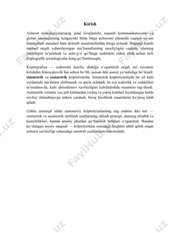 itni ishonchli uzatish zarurati bilan bog‘liq. ikkala tomon ham bir xil kalitdan foydalanganligi sababli, bu kalitni xavfsiz kanal orqali almashish kerak bo‘ladi. agar kalit uchinchi tomon qo‘liga tushsa, butun kriptotizim himoyasiz holatga keladi. bundan tashqari, ko‘p foydalanuvchili tizimlarda har bir juft foydalanuvchi uchun alohida kalit zarur bo‘ladi, bu esa kalitlar sonining keskin ko‘payishiga olib keladi va ularni boshqarishni murakkablashtiradi. kriptografiyaning tarixiy taraqqiyoti u orqali ifodalangan asosiy maqsadlar – maxfiylik, butunlik, autentifikatsiya va inkor etilmaslik kabi tamoyillarning shakllanishini chuqur tushunishga imkon beradi. dastlabki kriptografik tizimlar (masalan, sezar shifri) faqat matnni bevosita almashtirish orqali himoyalashga xizmat qilgan bo‘lsa, hozirgi zamon kriptografiyasi matematik asoslangan modellar va murakkab algoritmlarga tayangan. kriptografik modellarning formallashuvi xx asrda informatsiya nazariyasi va matematik logikaning rivojlanishi bilan boshlangan. xususan, claude shannon tomonidan 1949-yilda e’lon qilingan “communication theory of secrecy systems” nomli maqola kriptografiyani ilmiy asosda o‘rganishga poydevor yaratdi. shannonning modeli orqali “mukammal shifrlash” tushunchasi va kalit uzunligining roliga ilmiy …