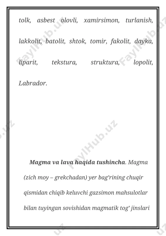 gan jinslarni yerning chuqirroq zonalariga tushib qolishida yuz beradi. masalan, cho’kindi jinslarni yer qaridan chiqayotgan magma yaqiniga ya'ni yuqori tekstura va bosim tasiriga tushib qolishda, yoki bo’lmasa yer qobigining deformatsiyasi natijasida temperatura va bosimning keskin o’zgarishi hisobiga o’zgaradi. yer yuzasida shakillangan jinslar turg’unlik holati juda past ko’rsatgichga ega, jinslarning qayta shakilanishidan avvalgisiga o’hshamaydigan yangi jinslar hosil bo’ladi. bu jinslar metamorfik tog’ jinslari, ularni hosil qiluvchi jarayonga metamorfizm jarayoni deyiladi. metamorfizm jarayoni vaqtida foydali qazilma konlari ham hosil bo’lishi mumkin, misol uchun asbest, talk, mramorlar, ko’pchilik metallar va boshqalar. shunday qilib endogen jarayonlar ya'ni ichki agentlar doimo o’zgartiradi va bir vaqtni o’zida yangi sharoitga turg’un moddalar hosil qiladi, yer yuzasiga shakilangan materiya yer qa'rida turginsiz holatda uchraydi, agar shu muhitga tushib qolsa ularni qayta shakilantiradi. magmatik tog’ jinslari magmani asta-sekin sovib kristallanib qotishdan hosil bo’ladi. silikat tarkibli olovli massa-magma yer qobig’ining chuqur qismlarida paydo bo’lib, har hil gazsimon moddalar va suv …