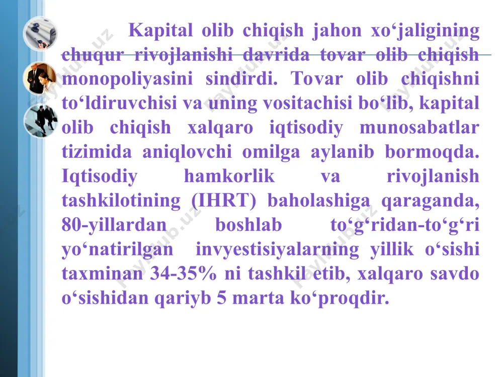 pligi ishlab chiqarish quvvatlarini va servis markazlarini jahonning turli hududlariga bо‘lib-bо‘lib joylashtirish(diversifikasiyalash), bunday korporasiyalarga xalqaro mehnat taqsimoti shartlari va ichki milliy bozor xususiyatlaridan kelib chiquvchi ustunliklardan foydalanish hisobiga katta daromad olish imkoniyatini beradi. jahon xо‘jaligida rо‘y berayotgan iqtisodiy jarayonlarning ob’ektiv natijasiga kо‘ra vujudga kelgan transmilliy korporasiyalar о‘ziga xos xususiyatga ega. jahon iqtisodiyotida tmklar xalqaro mehnat taqsimotining faol ishtirokchisi bо‘lib, uning rivojlanishiga о‘z hissasini qо‘shib kelmoqda. transmilliy korporasiyalarda kapitalining harakati, odatda, korporasiya joylashgan davlatda bо‘layotgan jarayonlardan mustaqil ravishda sodir bо‘ladi. 5.4. jahon xо‘jaligida transmilliy korporasiyalarning roli bmt ekspertlarining fikricha transmilliy korporasiyalar (tmk) “jahon mamlakatlar iqtisodiyotining rivojlanishidagi asosiy dvigatellari” dan biri bо‘lib hisoblanadi. 90-yillarning о‘rtalariga kelib jahon xо‘jaligida 40 mingdan ortiq tmklar mavjud bо‘lib, ular о‘z davlatlaridan tashqarida faoliyat qо‘rsatib kelayotgan 250 mingga yaqin shо‘ba korxonalarni ham nazorat qilib turishgan tmklarning soni oxirgi yigirma yillar mobaynida 5 barobar kо‘paygan edi (1970 yilda 7 mingta bunday firmalar rо‘yxatga olingan). hozirgi kunda jahon xо‘jaligida …
